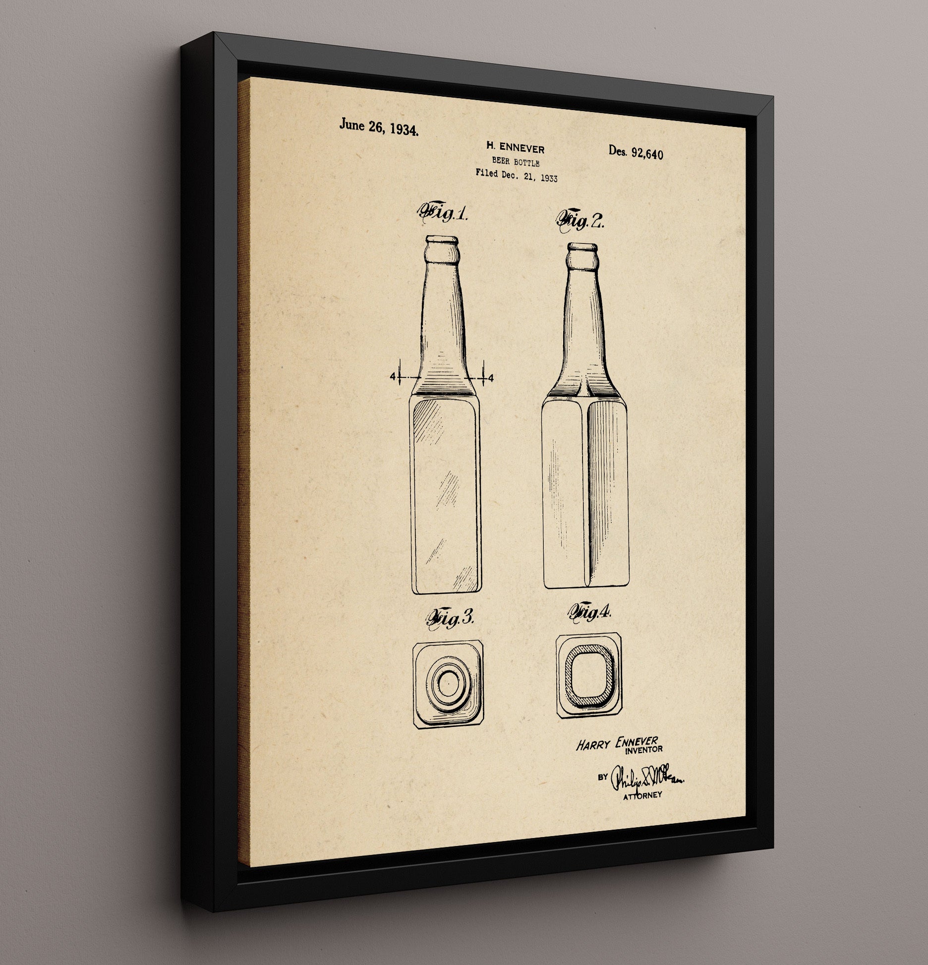 Patent Print - Beer Bottle Design - H. Ennever - 1934 - Patent D92640 Patent Wall Art