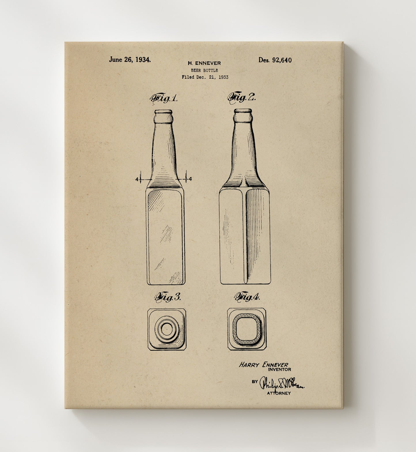 Patent Print - Beer Bottle Design - H. Ennever - 1934 - Patent D92640 Patent Wall Art