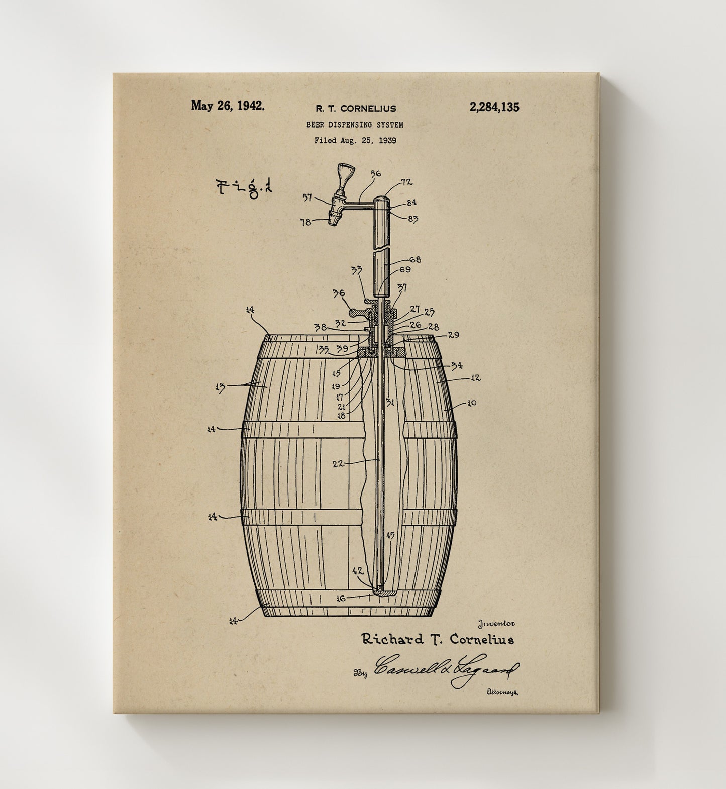 Patent Print - Beer Dispensing System - R.T. Cornelius - 1942 - Patent 2284135 Patent Wall Art