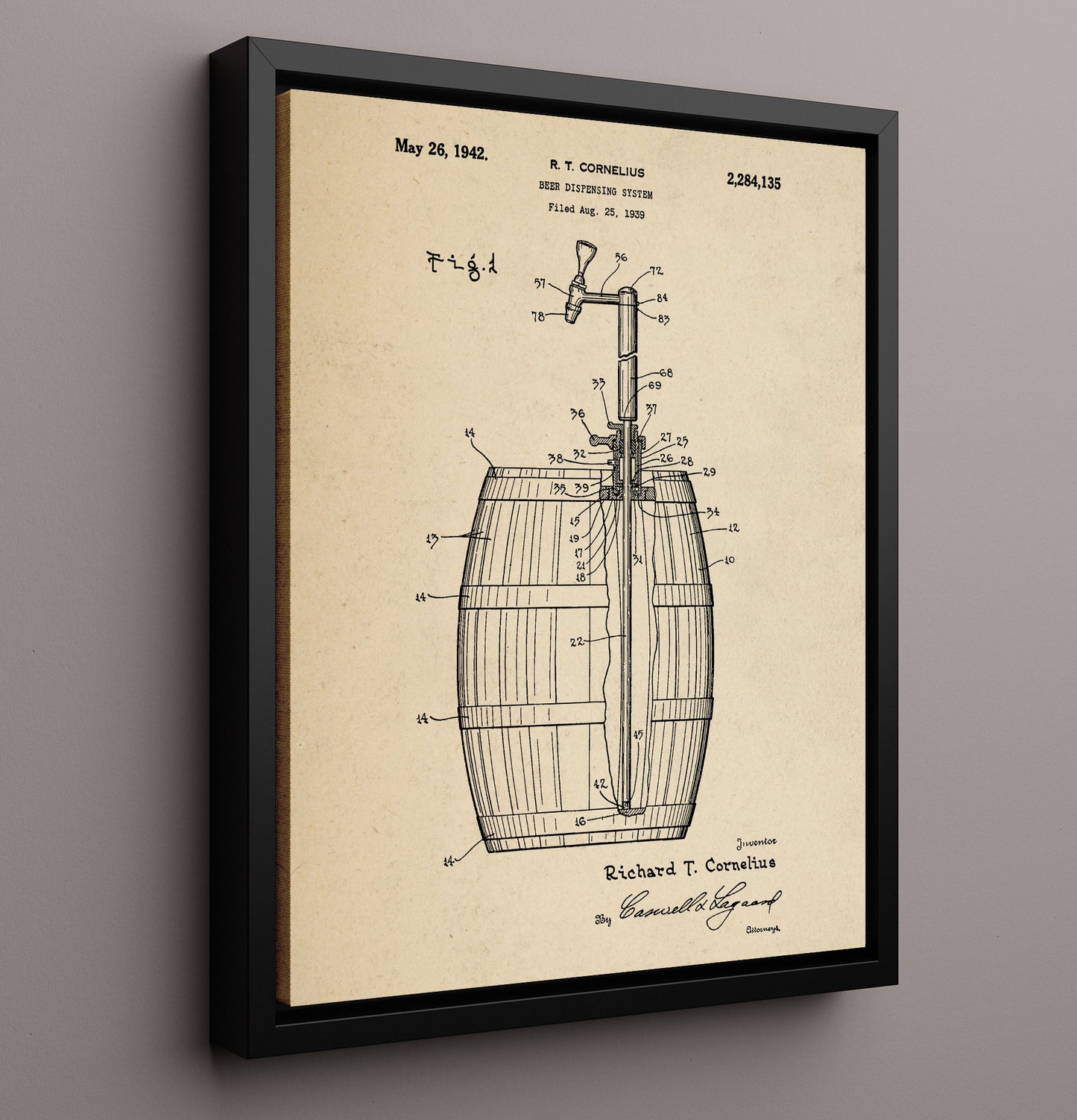 Patent Print - Beer Dispensing System - R.T. Cornelius - 1942 - Patent 2284135 Patent Wall Art