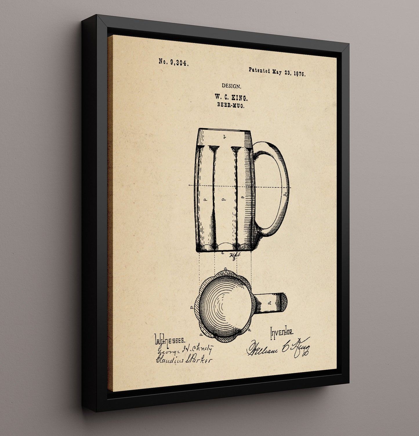 Patent Print - Beer Mug - W.C. King - 1876 - Patent D9304 Patent Wall Art