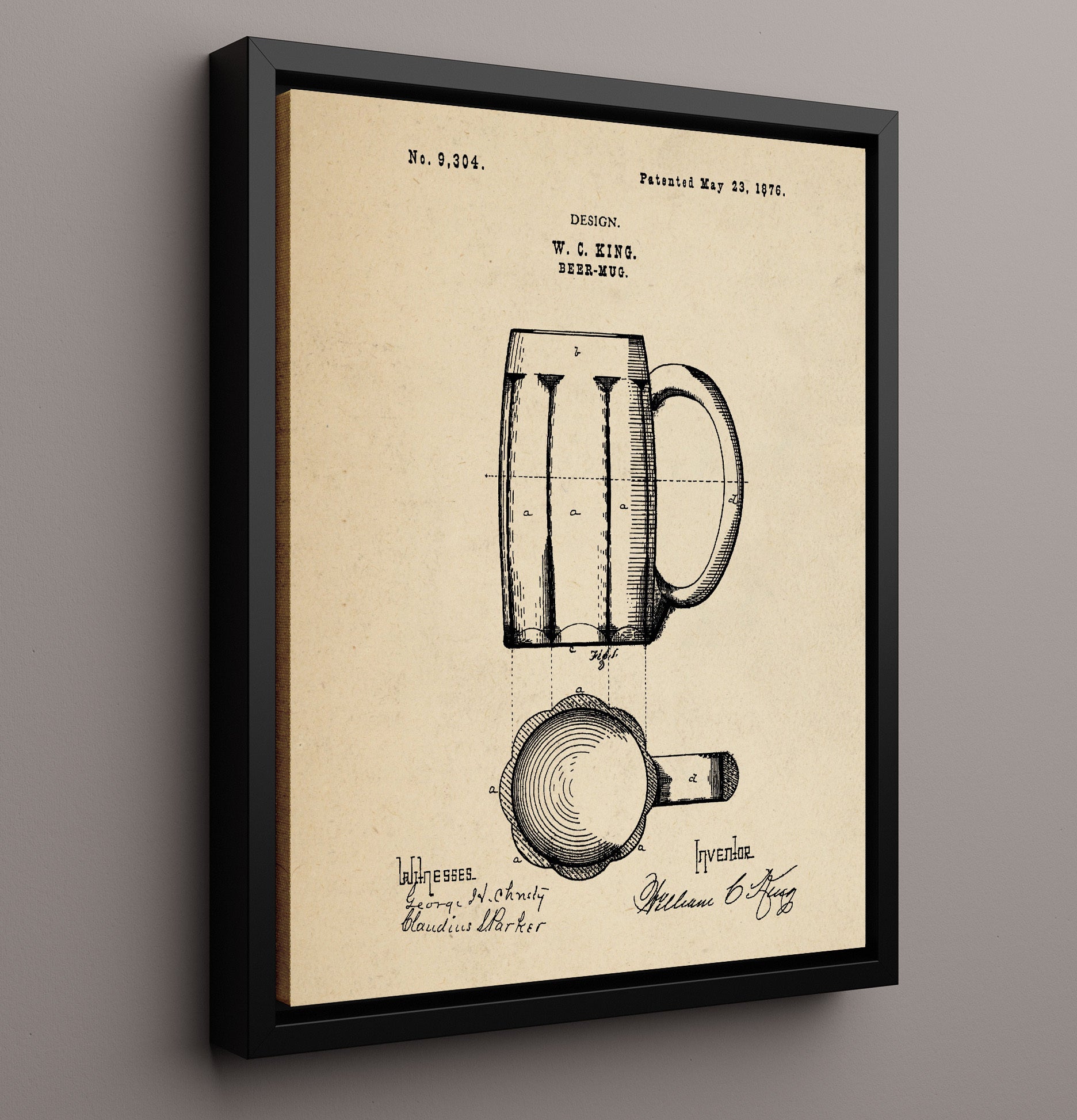 Patent Print - Beer Mug - W.C. King - 1876 - Patent D9304 Patent Wall Art