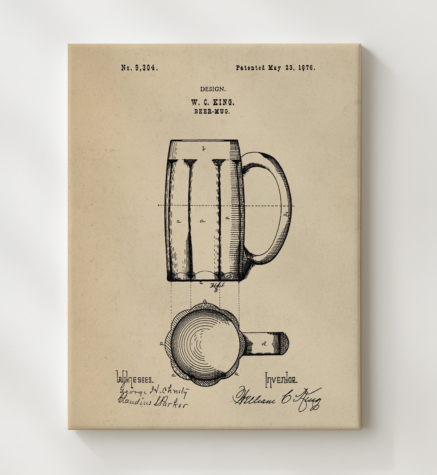 Patent Print - Beer Mug - W.C. King - 1876 - Patent D9304 Patent Wall Art