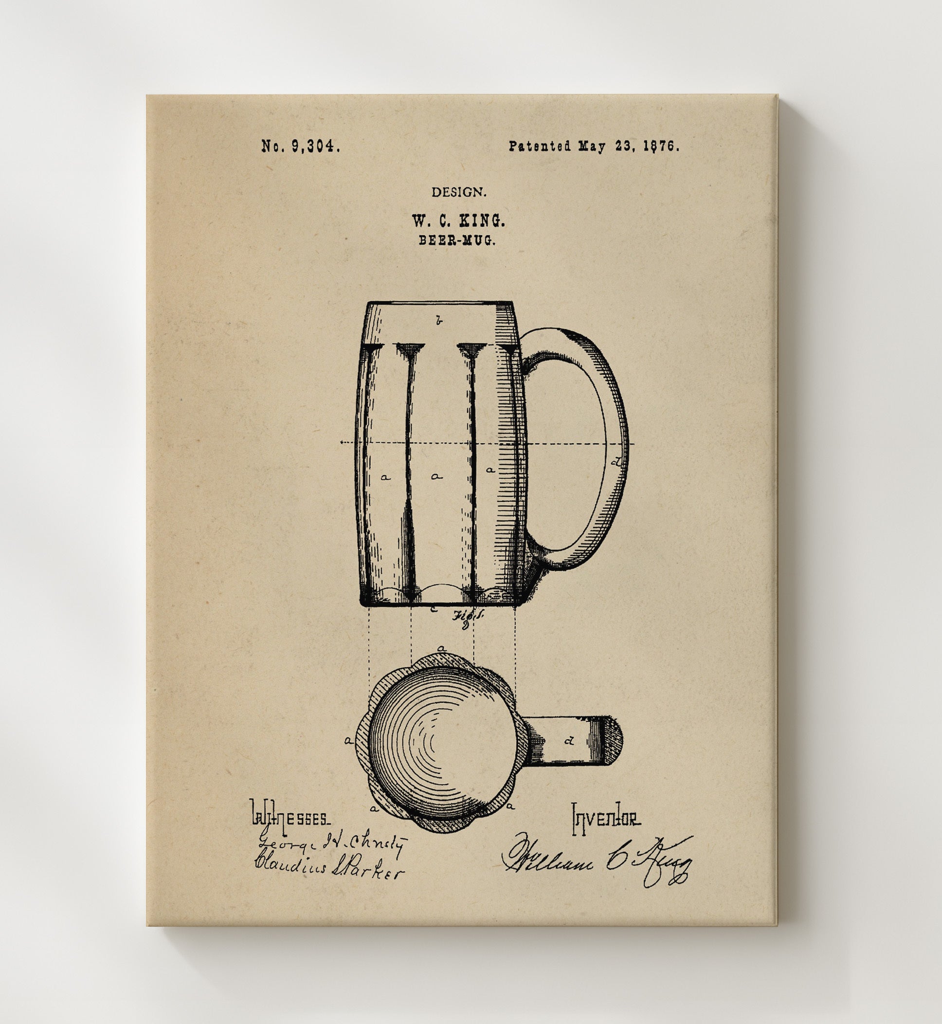 Patent Print - Beer Mug - W.C. King - 1876 - Patent D9304 Patent Wall Art