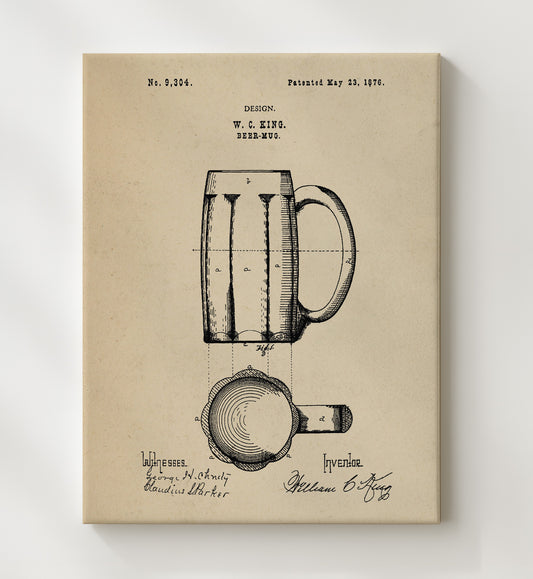 Beer Mug 1876 patent print wall art 8x10 Canvas