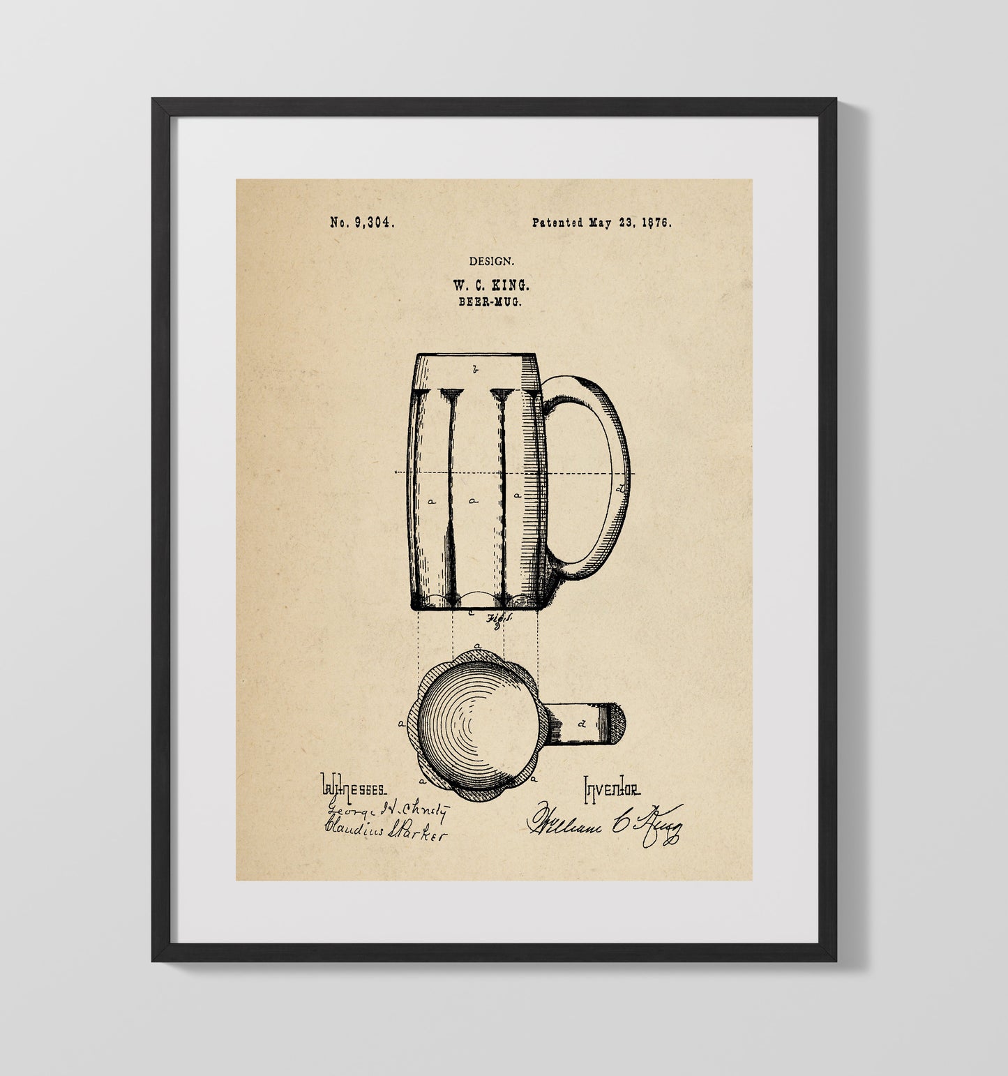 Patent Print - Beer Mug - W.C. King - 1876 - Patent D9304 Patent Wall Art