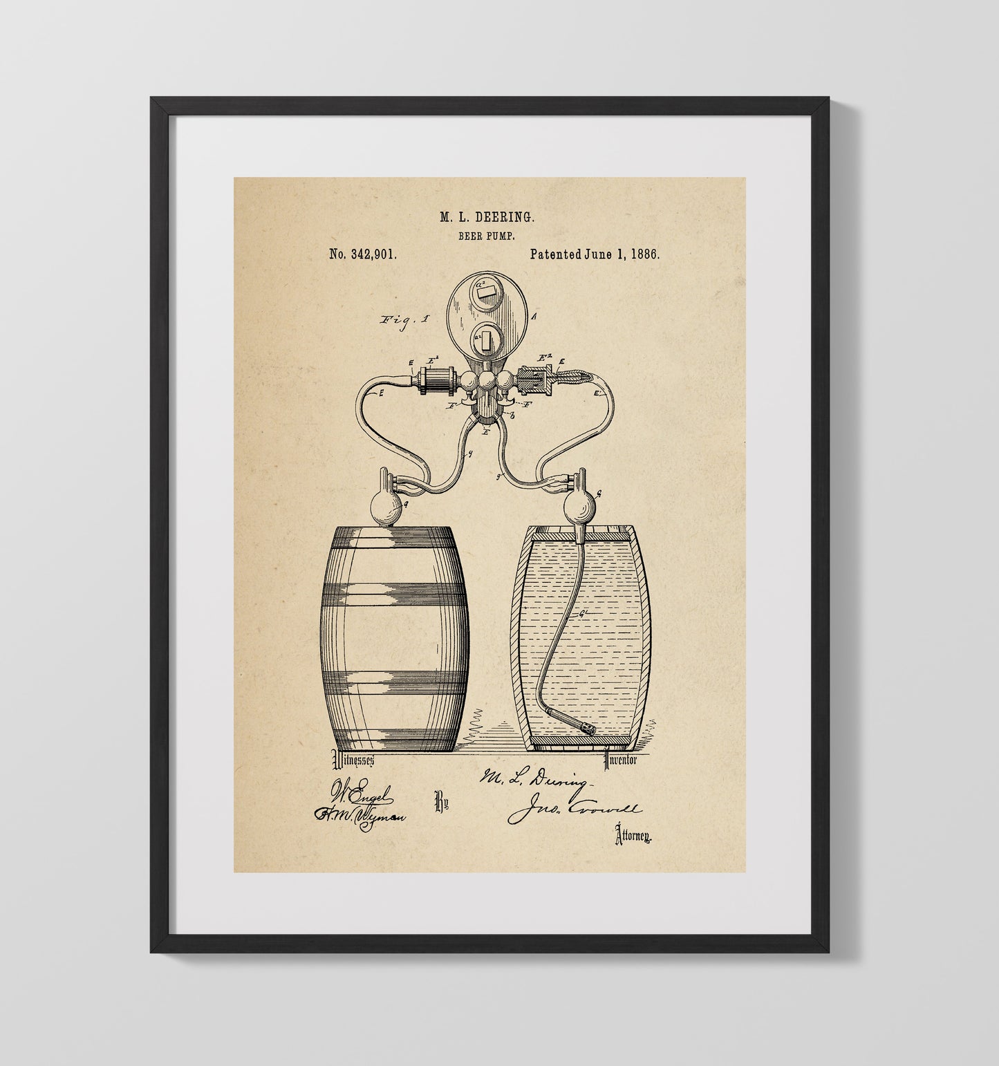 Patent Print - Beer Pump - M.L. Deering - 1886 - Patent 342901 Patent Wall Art