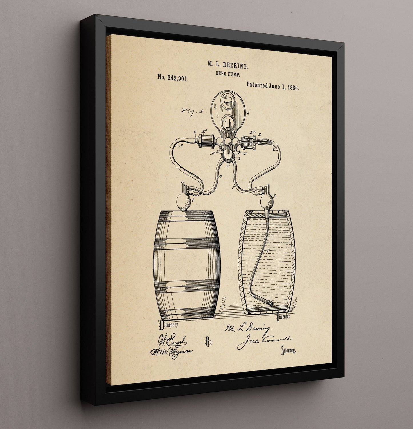 Patent Print - Beer Pump - M.L. Deering - 1886 - Patent 342901 Patent Wall Art