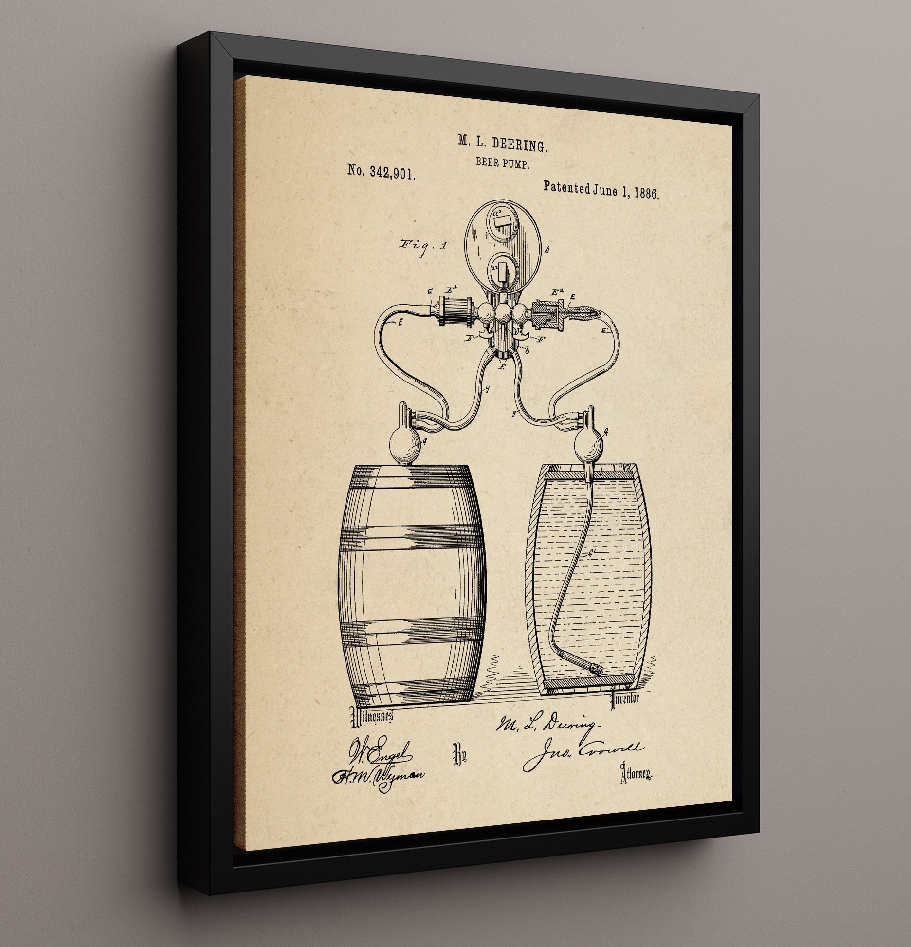 Patent Print - Beer Pump - M.L. Deering - 1886 - Patent 342901 Patent Wall Art
