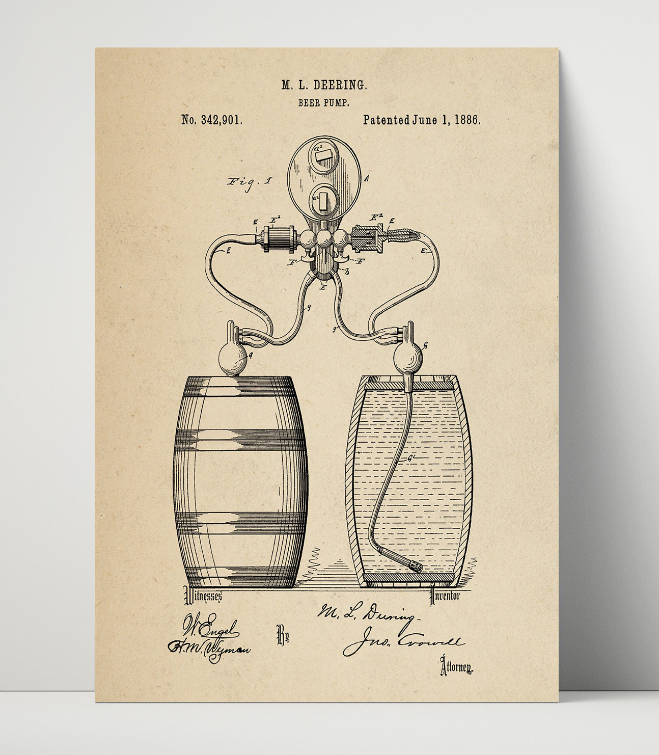 Patent Print - Beer Pump - M.L. Deering - 1886 - Patent 342901 Patent Wall Art