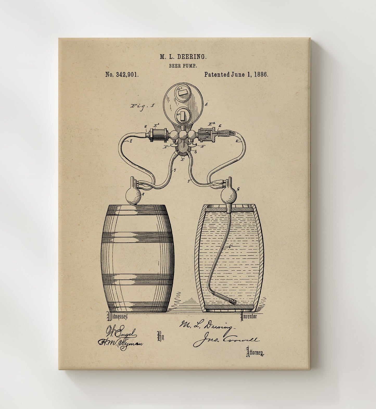 Patent Print - Beer Pump - M.L. Deering - 1886 - Patent 342901 Patent Wall Art