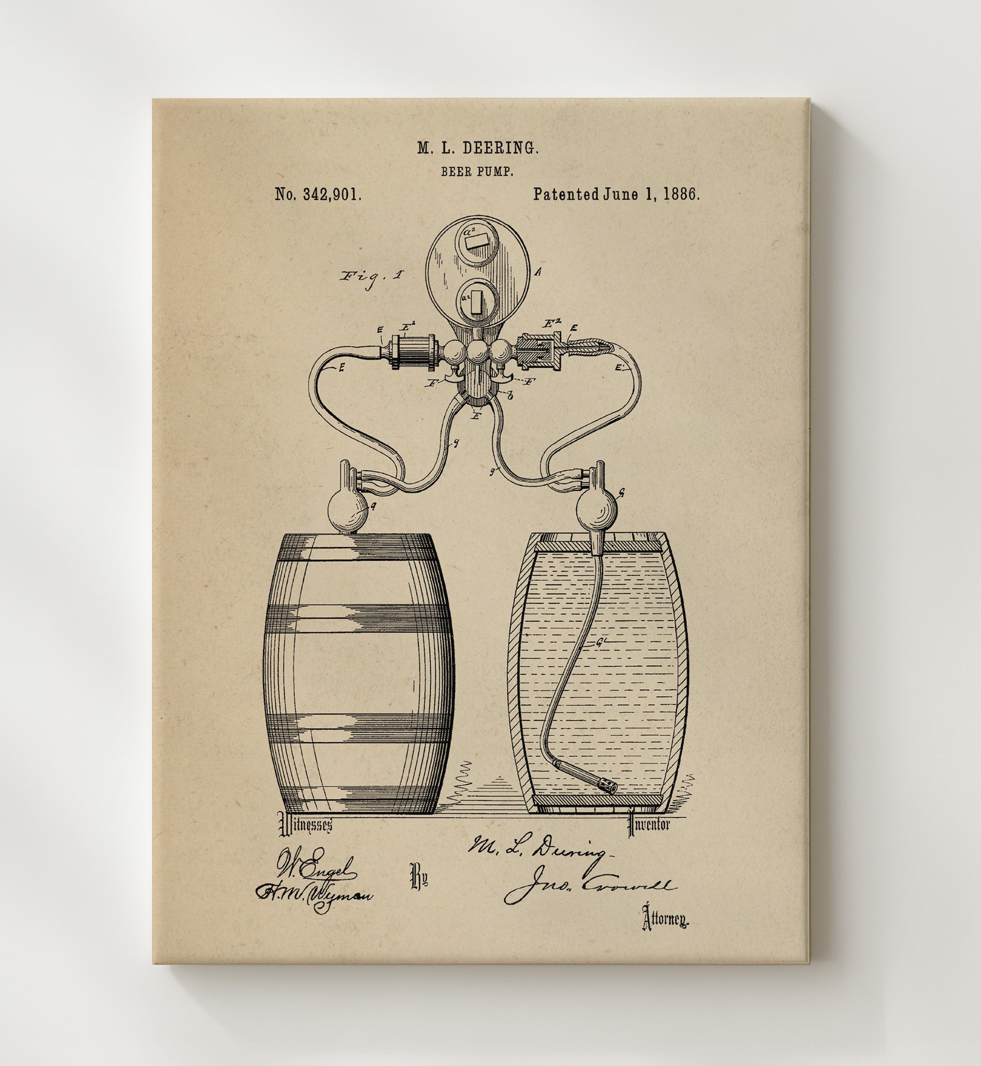 Patent Print - Beer Pump - M.L. Deering - 1886 - Patent 342901 Patent Wall Art