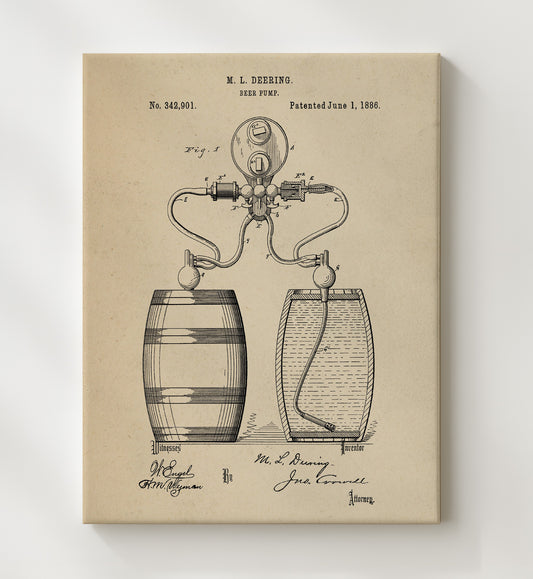 Beer Pump 1886 patent print wall art 8x10 Canvas