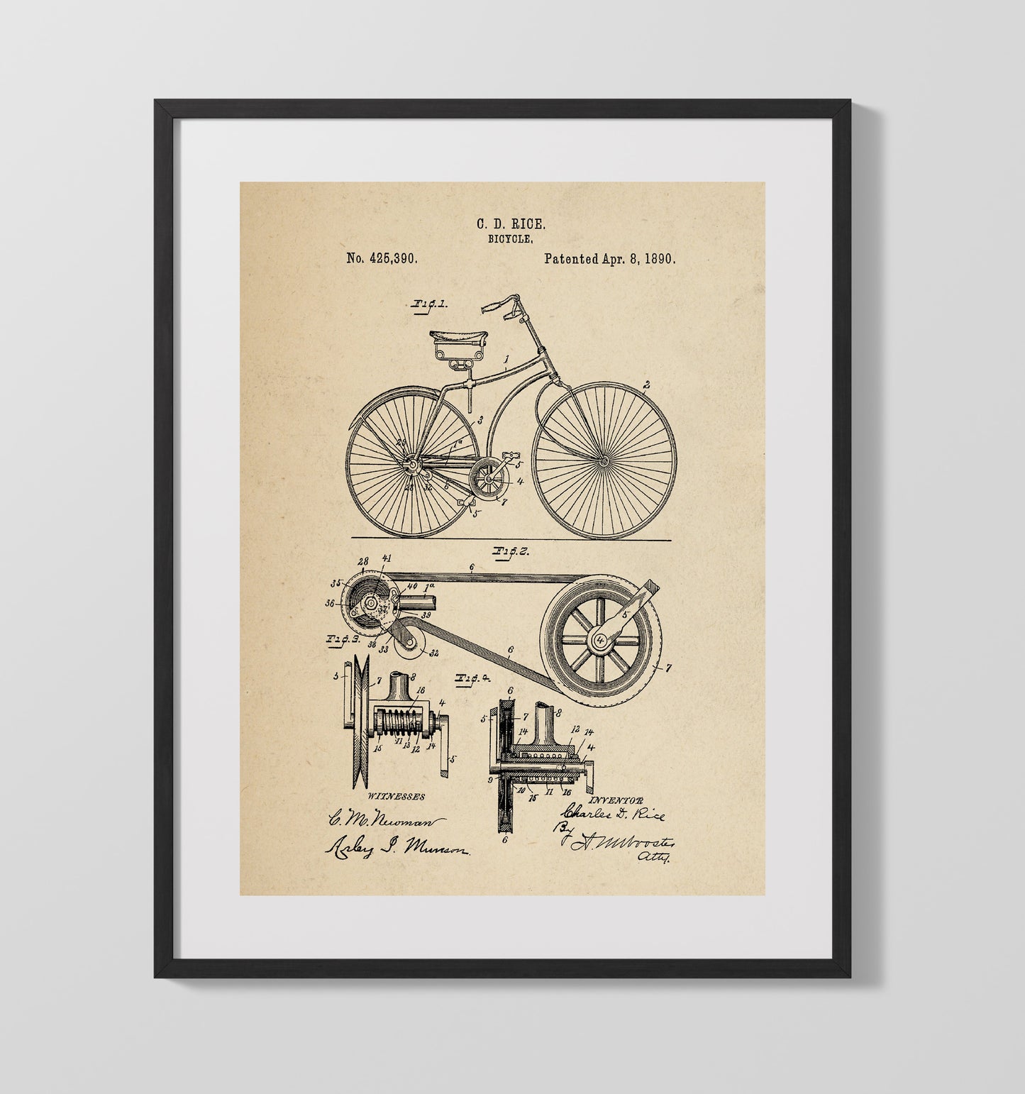 Patent Print - Belt Driven Bicycle - Charles D Rice - 1890 - Patent 425390 Patent Wall Art