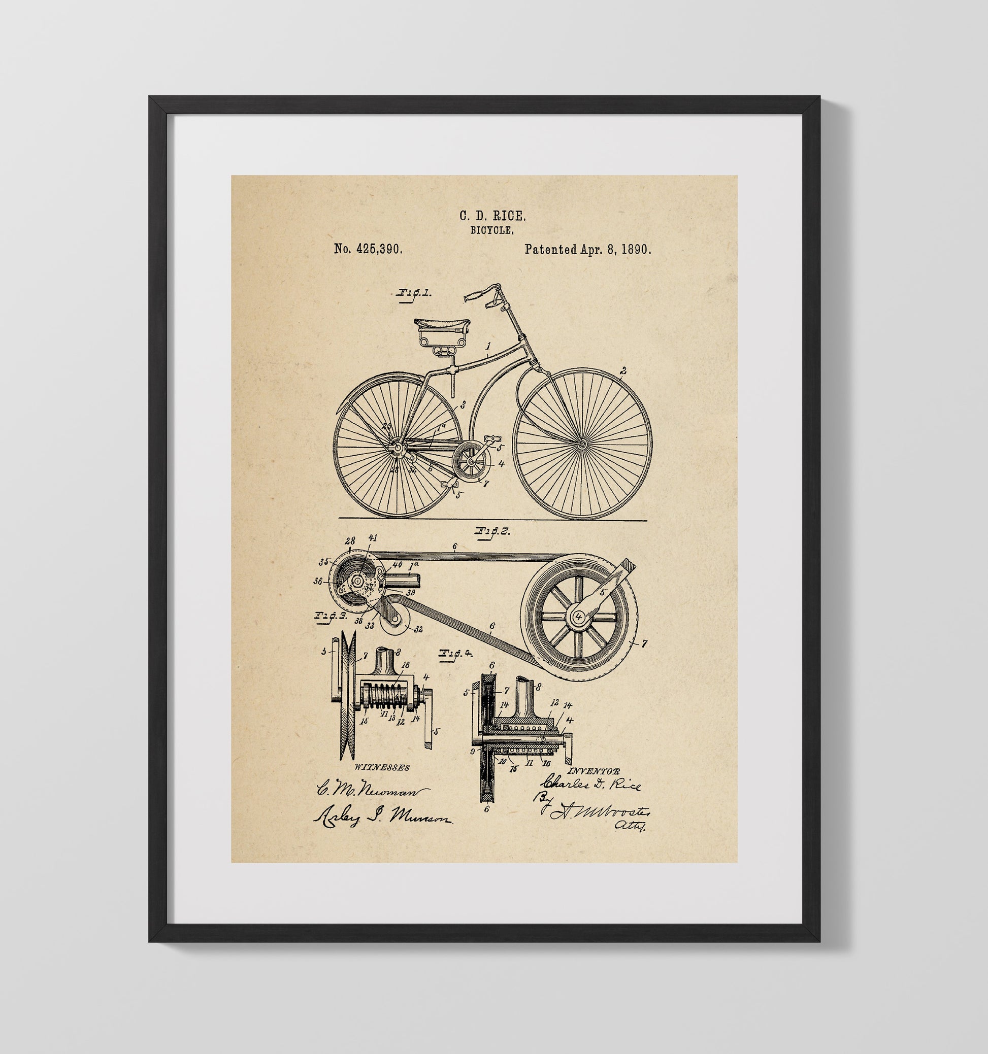 Patent Print - Belt Driven Bicycle - Charles D Rice - 1890 - Patent 425390 Patent Wall Art