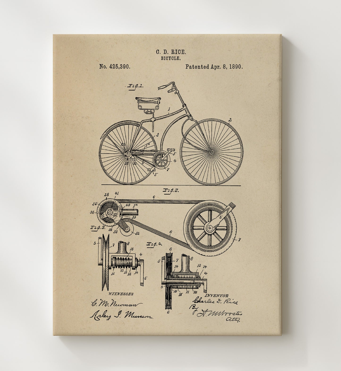Patent Print - Belt Driven Bicycle - Charles D Rice - 1890 - Patent 425390 Patent Wall Art