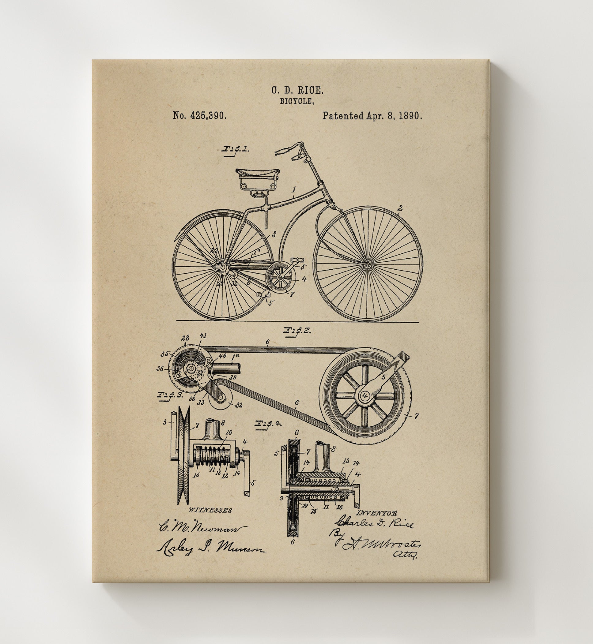 Patent Print - Belt Driven Bicycle - Charles D Rice - 1890 - Patent 425390 Patent Wall Art