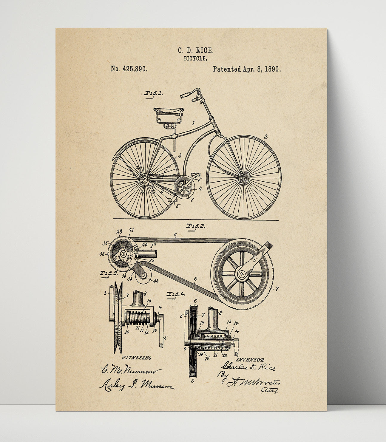 Patent Print - Belt Driven Bicycle - Charles D Rice - 1890 - Patent 425390 Patent Wall Art