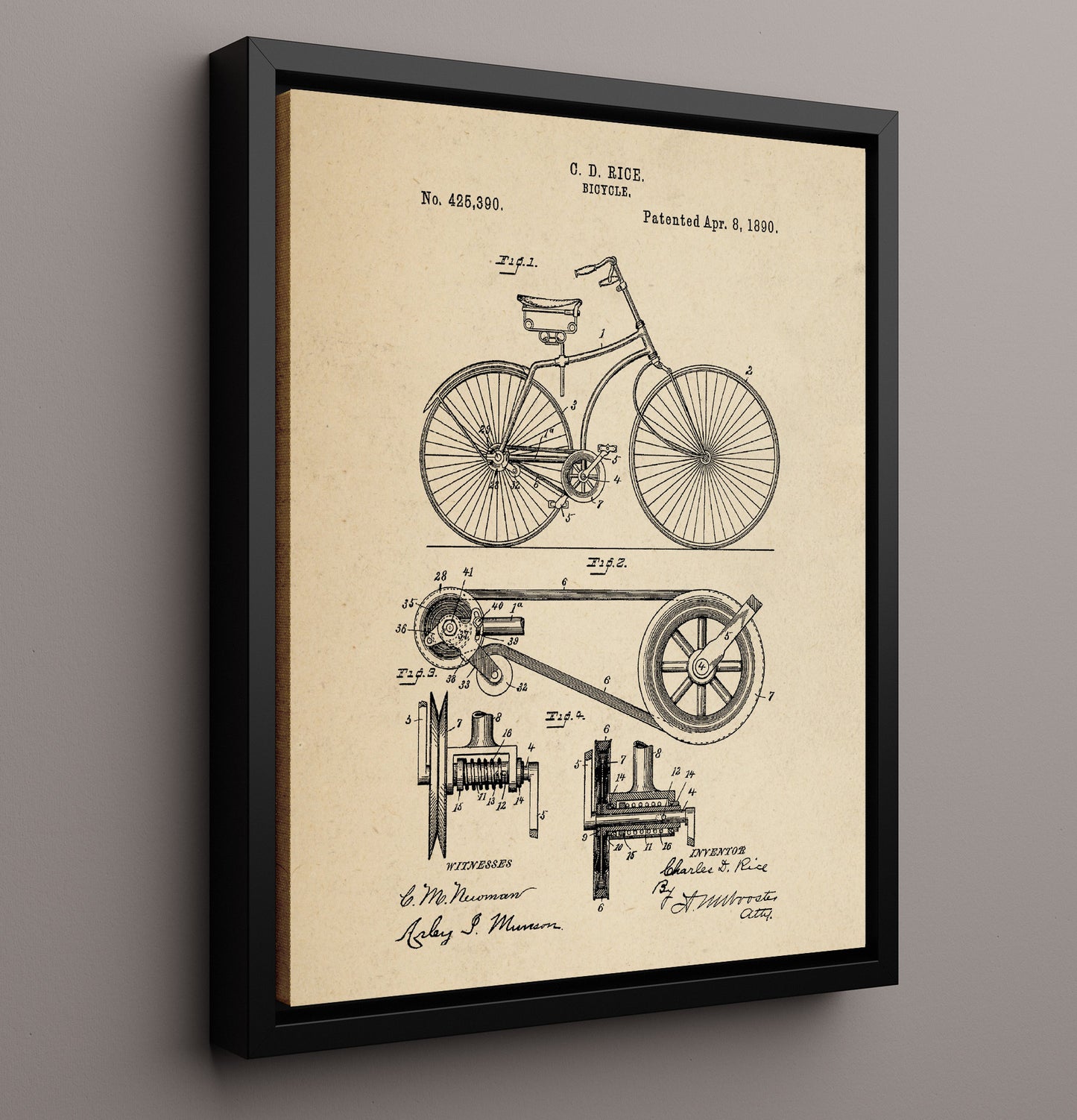 Patent Print - Belt Driven Bicycle - Charles D Rice - 1890 - Patent 425390 Patent Wall Art