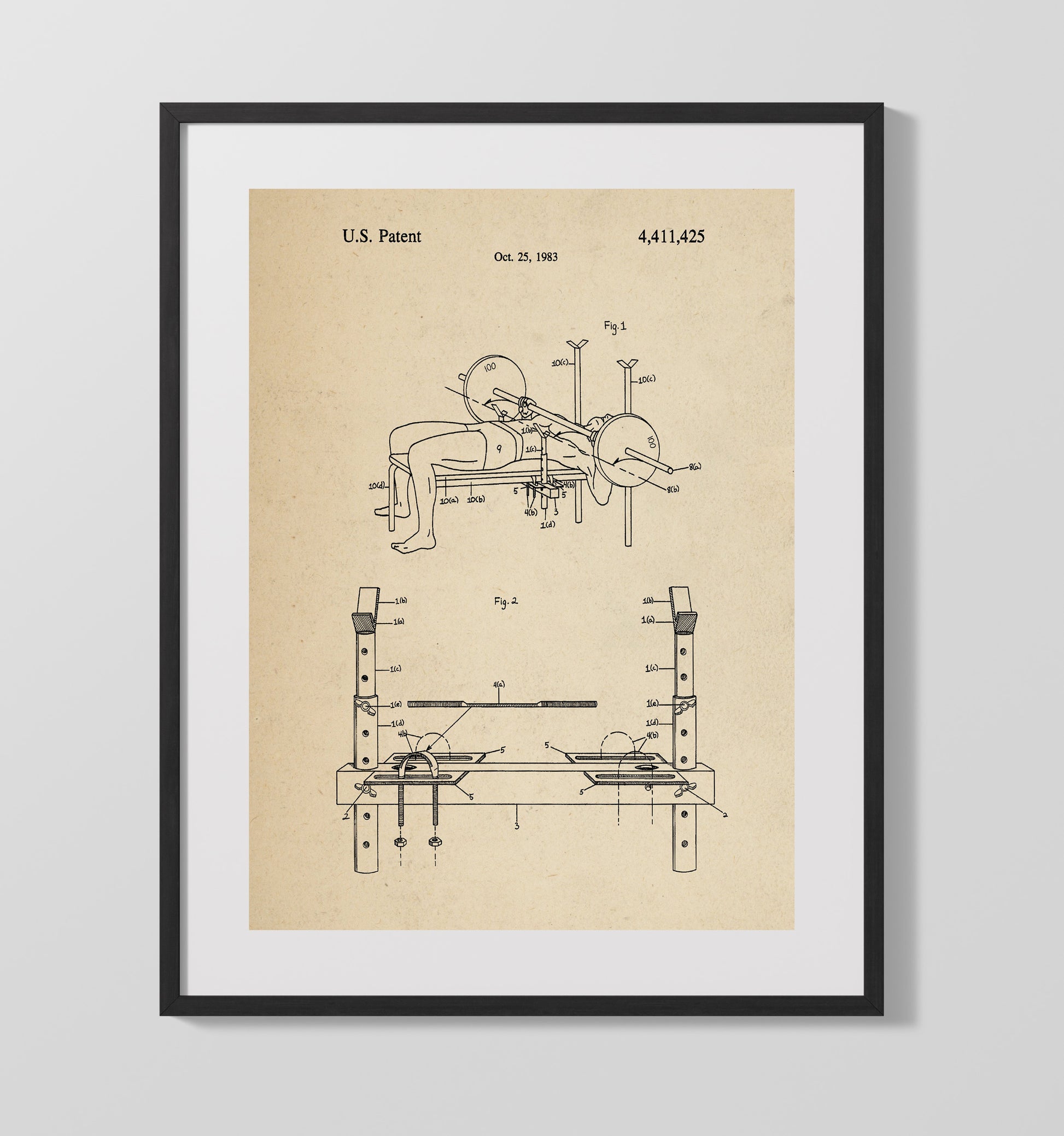 Patent Print - Bench Press Spotting Device - Unknown Inventor - 1983 - Patent 4411425 Patent Wall Art