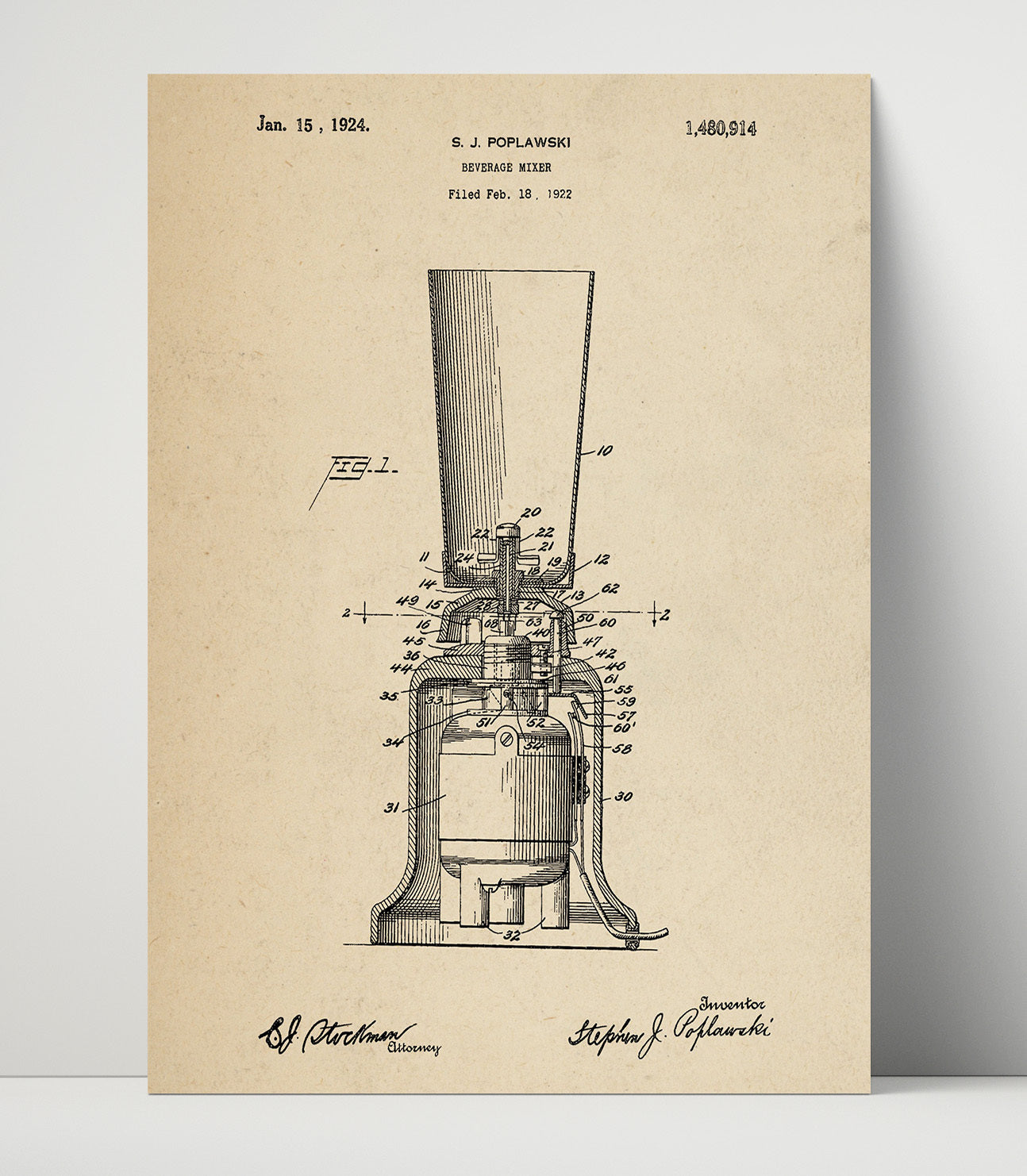 Patent Print - Beverage Mixer - S.J. Poplawski - 1924 - Patent 1480914 Patent Wall Art