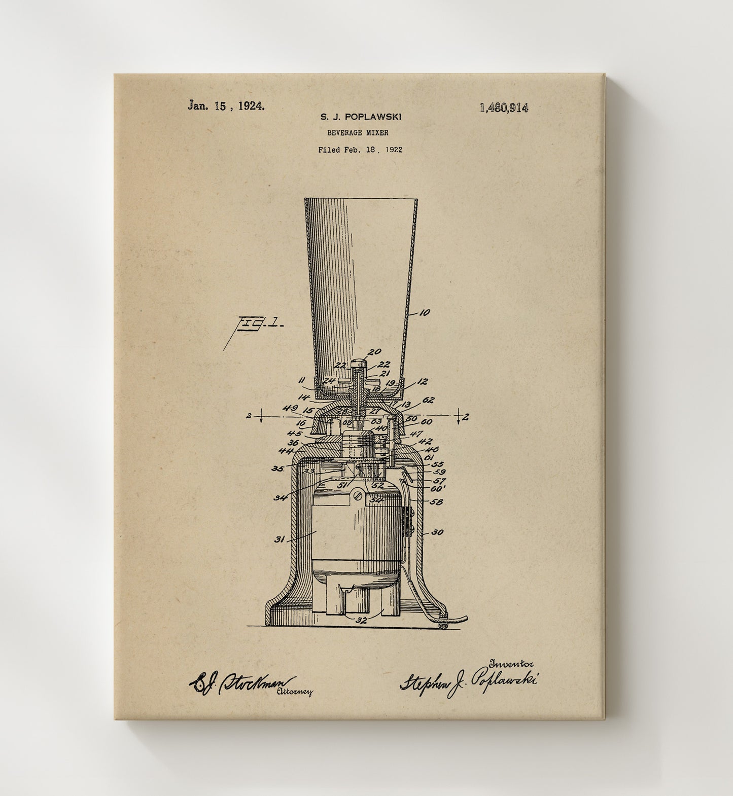 Patent Print - Beverage Mixer - S.J. Poplawski - 1924 - Patent 1480914 Patent Wall Art