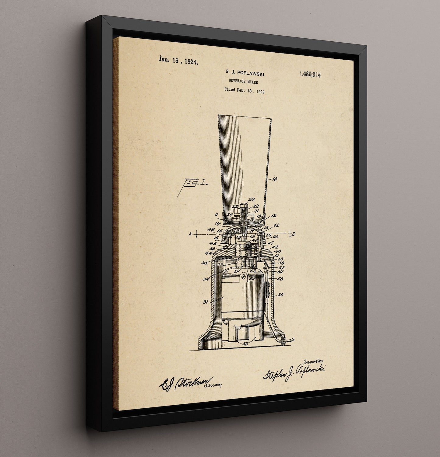 Patent Print - Beverage Mixer - S.J. Poplawski - 1924 - Patent 1480914 Patent Wall Art