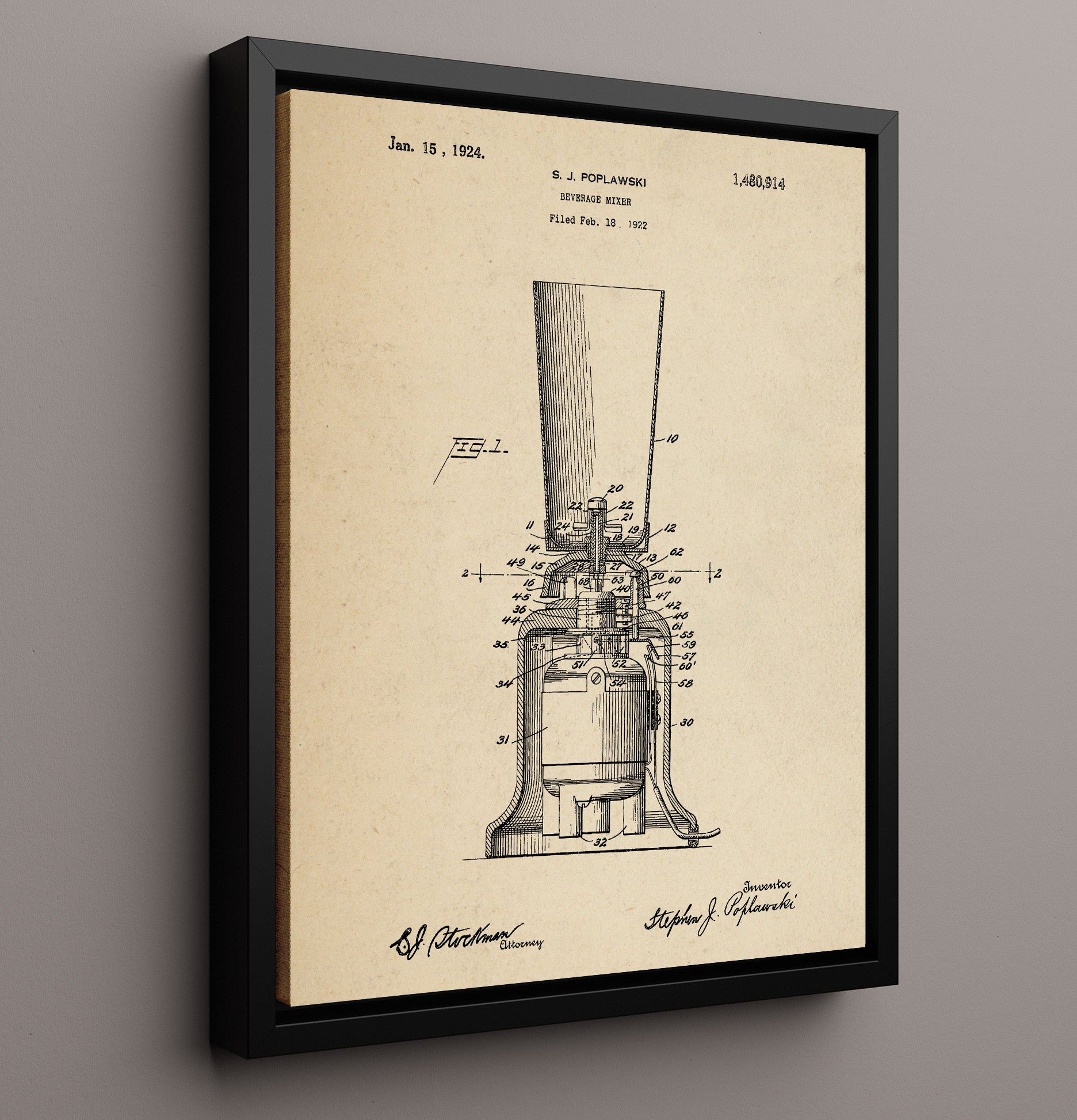 Patent Print - Beverage Mixer - S.J. Poplawski - 1924 - Patent 1480914 Patent Wall Art