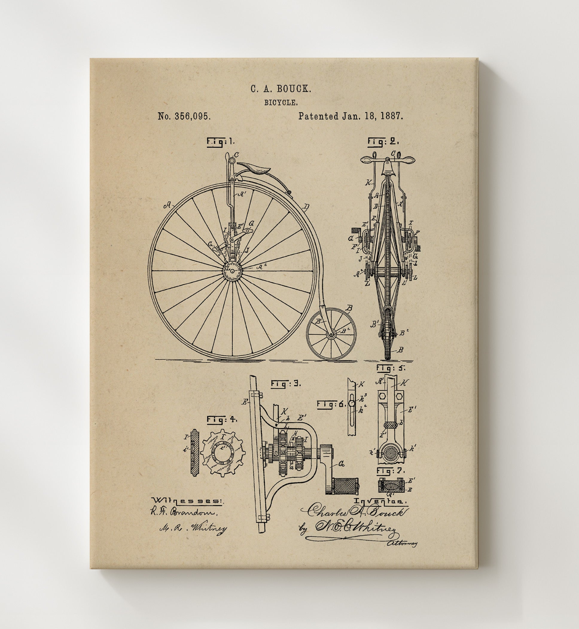 Patent Print - Bicycle - Charles A Bouck - 1887 - Patent 356095 Patent Wall Art