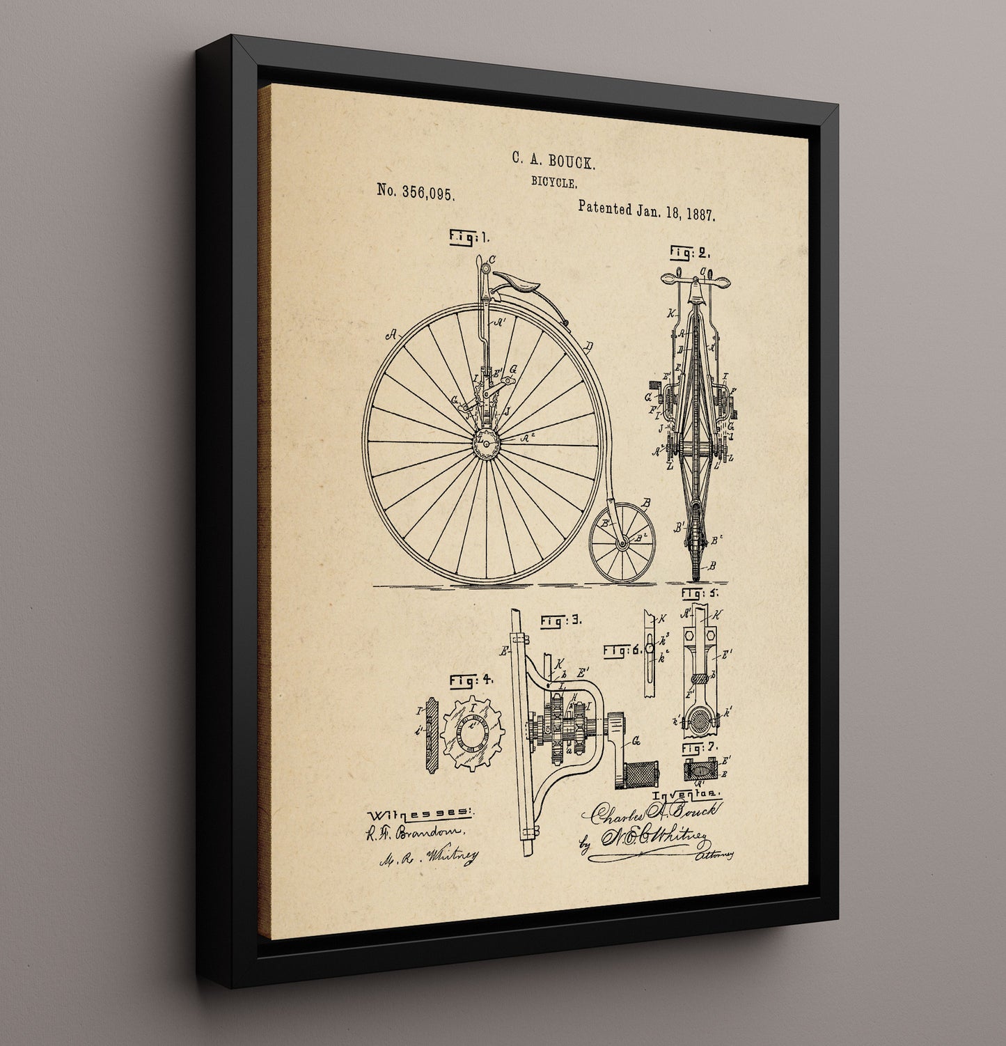 Patent Print - Bicycle - Charles A Bouck - 1887 - Patent 356095 Patent Wall Art