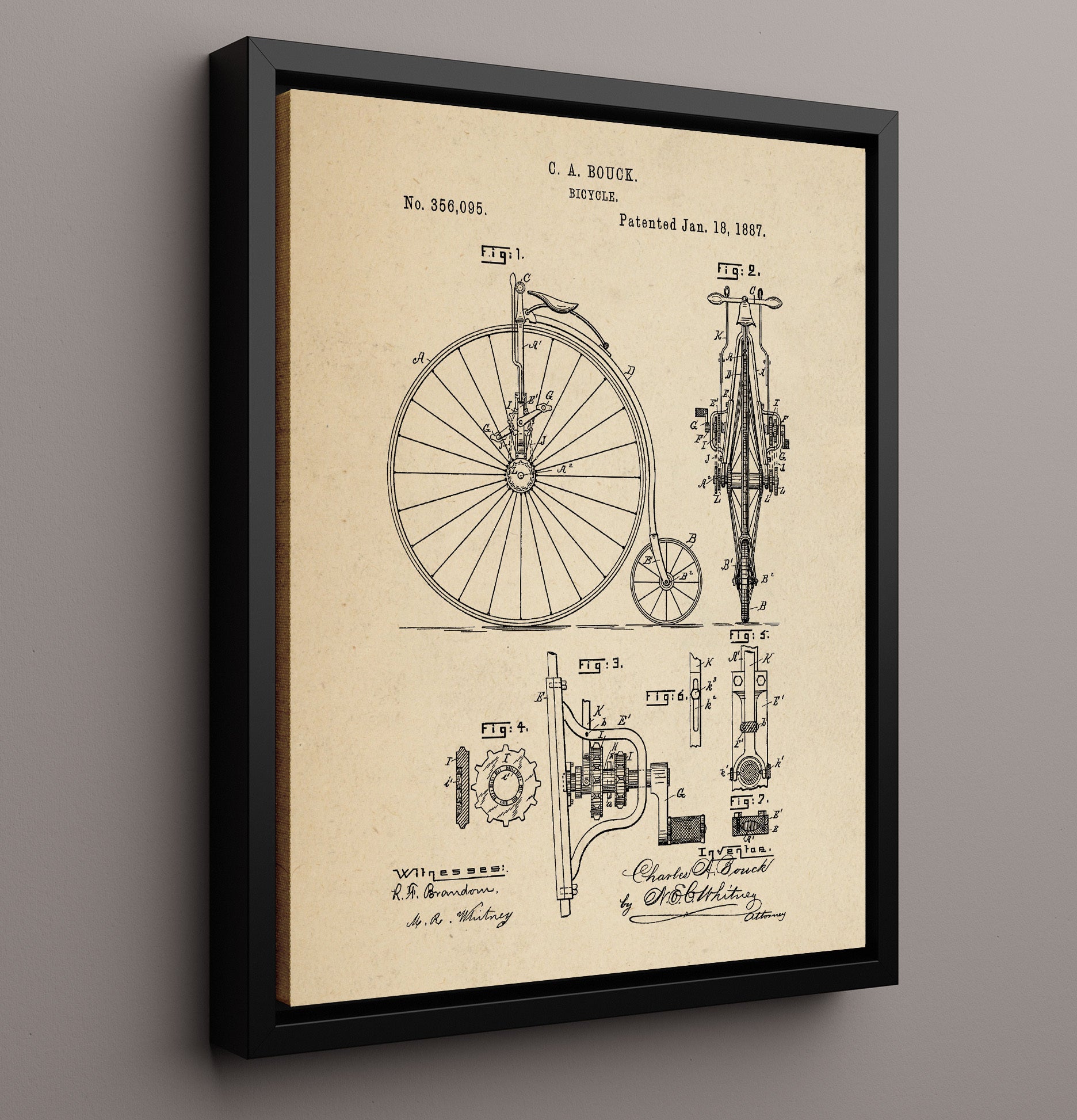 Patent Print - Bicycle - Charles A Bouck - 1887 - Patent 356095 Patent Wall Art
