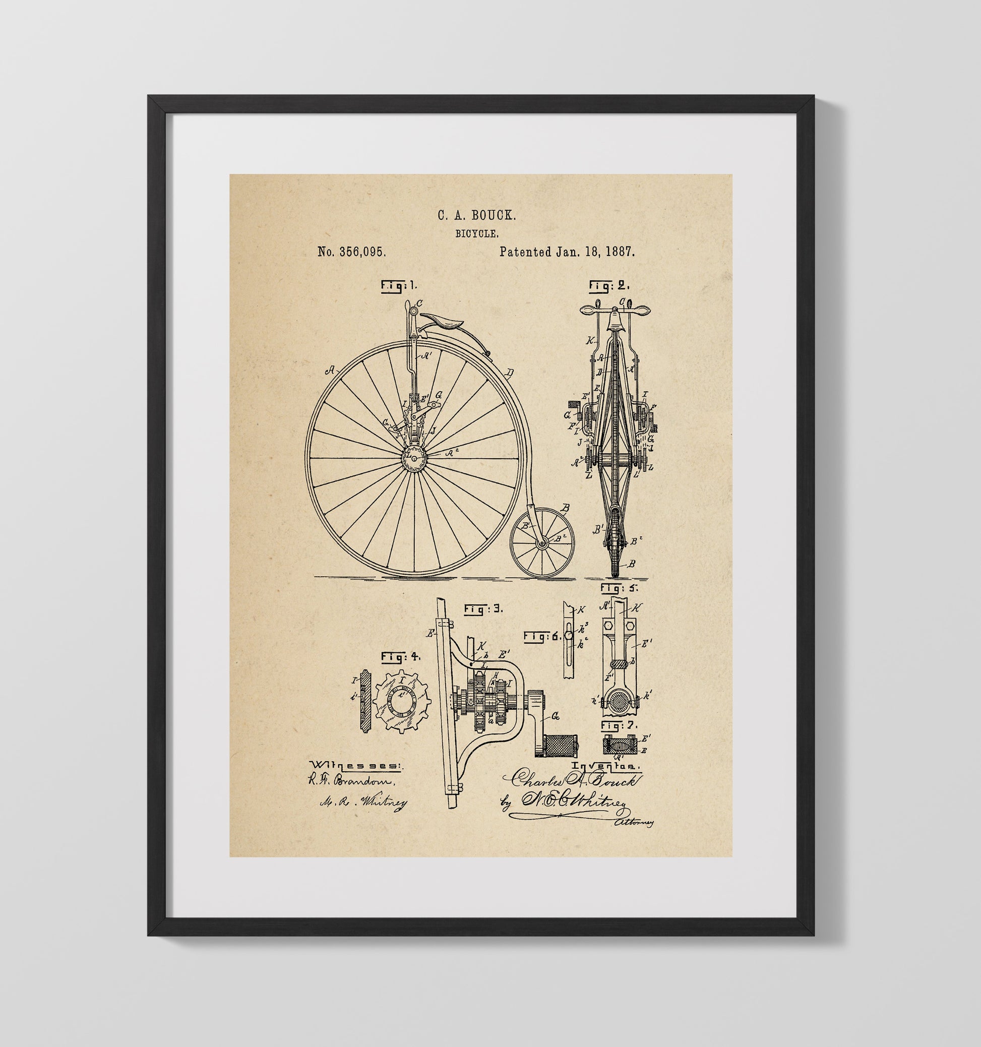 Patent Print - Bicycle - Charles A Bouck - 1887 - Patent 356095 Patent Wall Art