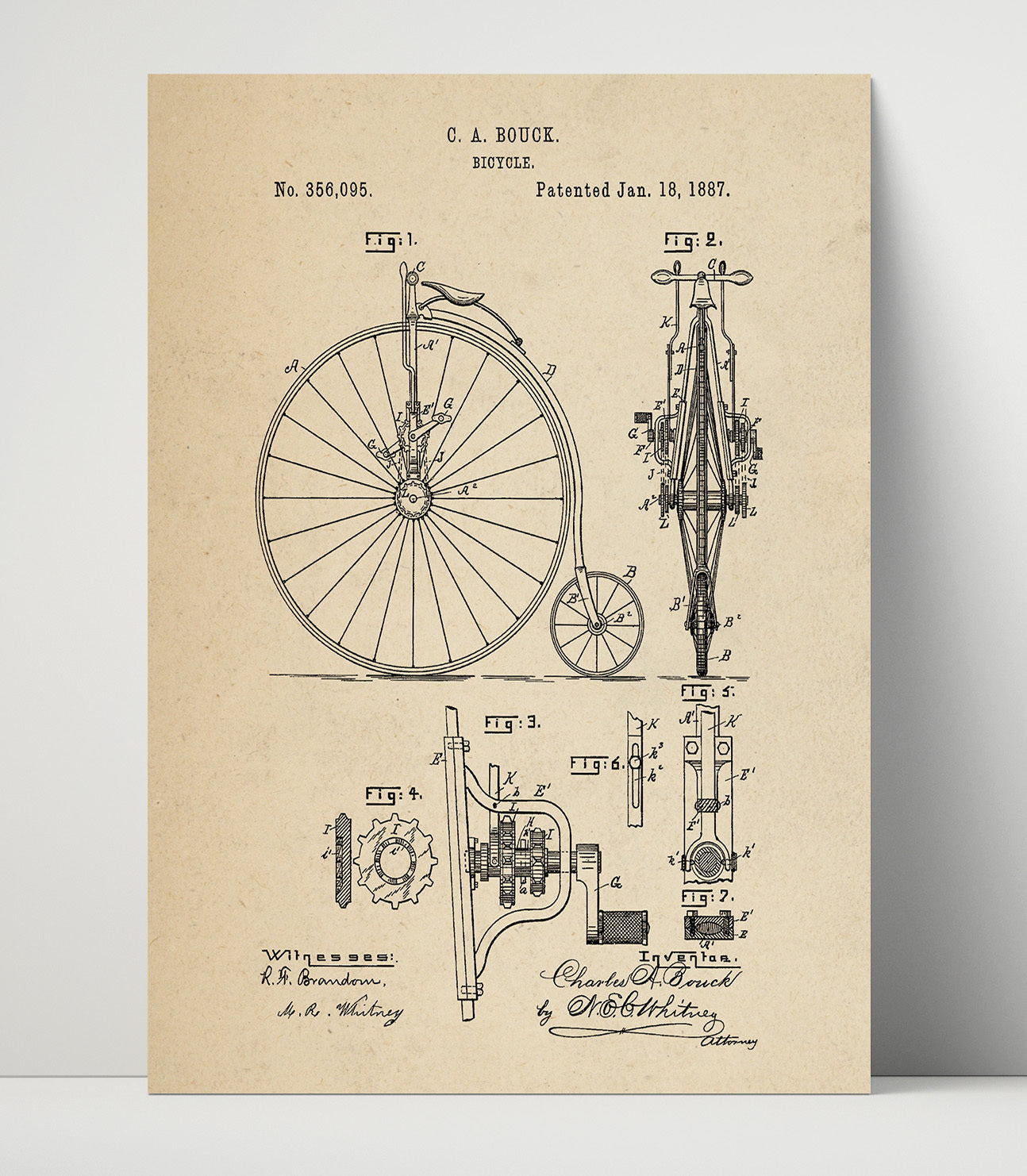 Patent Print - Bicycle - Charles A Bouck - 1887 - Patent 356095 Patent Wall Art