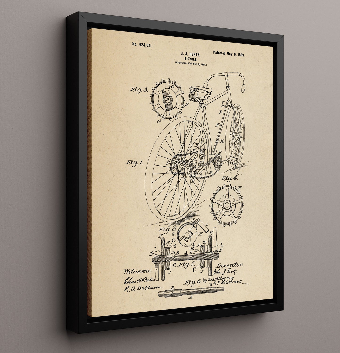 Patent Print - Bicycle - J J Hentz - 1899 - Patent 624651 Patent Wall Art