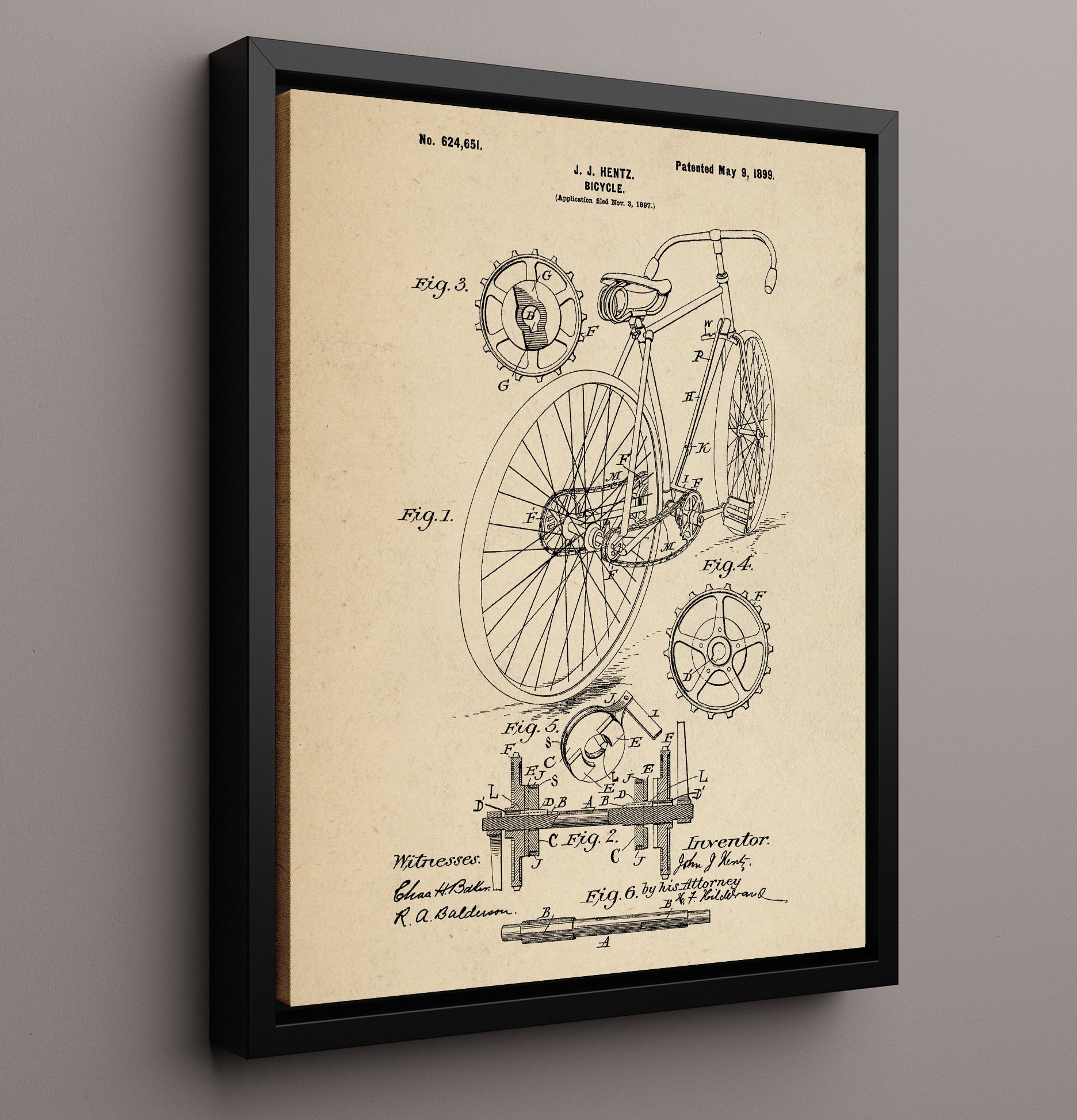 Patent Print - Bicycle - J J Hentz - 1899 - Patent 624651 Patent Wall Art