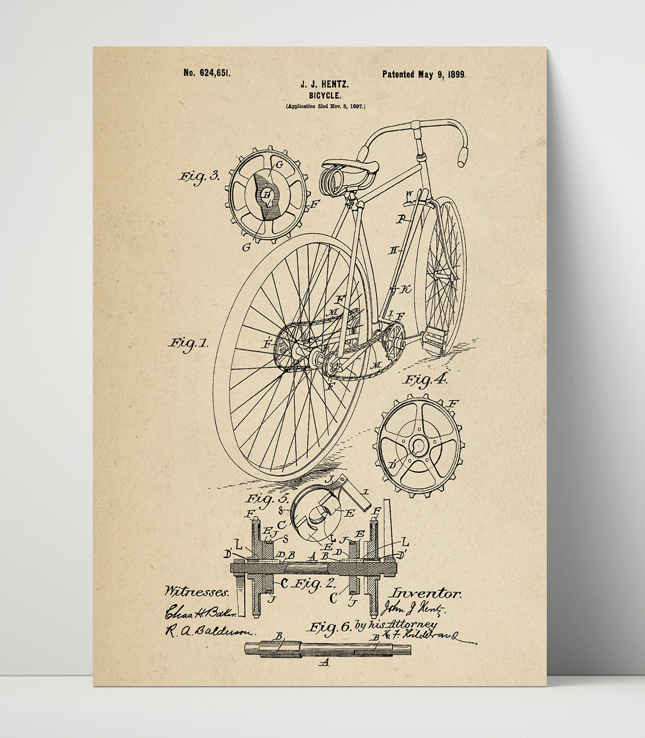 Patent Print - Bicycle - J J Hentz - 1899 - Patent 624651 Patent Wall Art