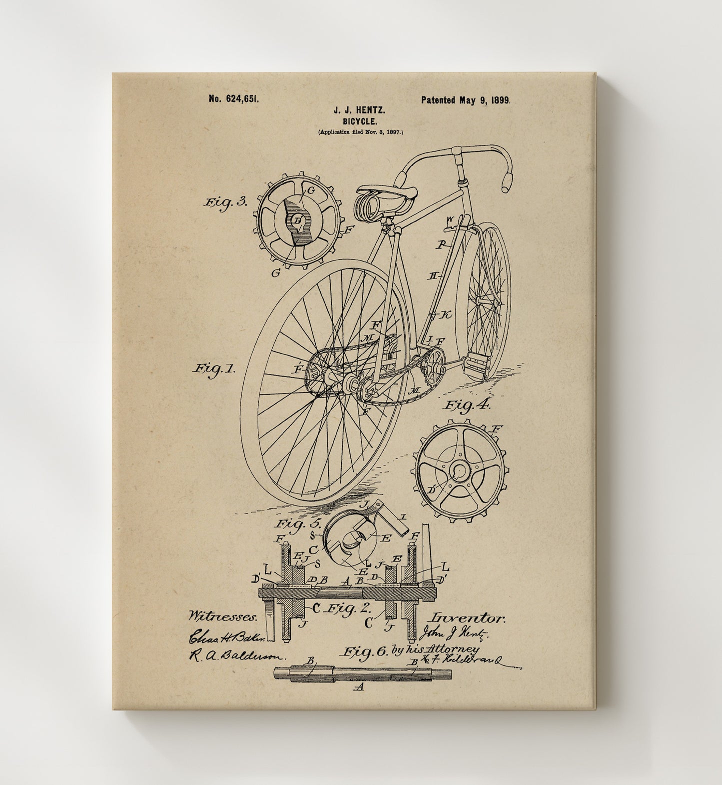 Patent Print - Bicycle - J J Hentz - 1899 - Patent 624651 Patent Wall Art