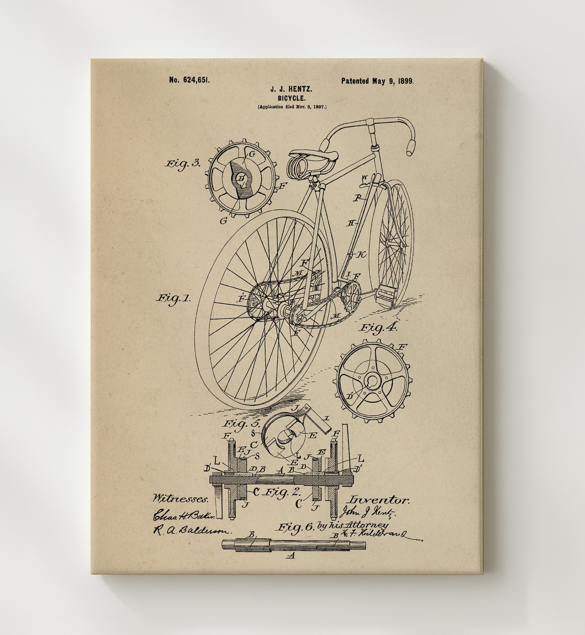 Patent Print - Bicycle - J J Hentz - 1899 - Patent 624651 Patent Wall Art