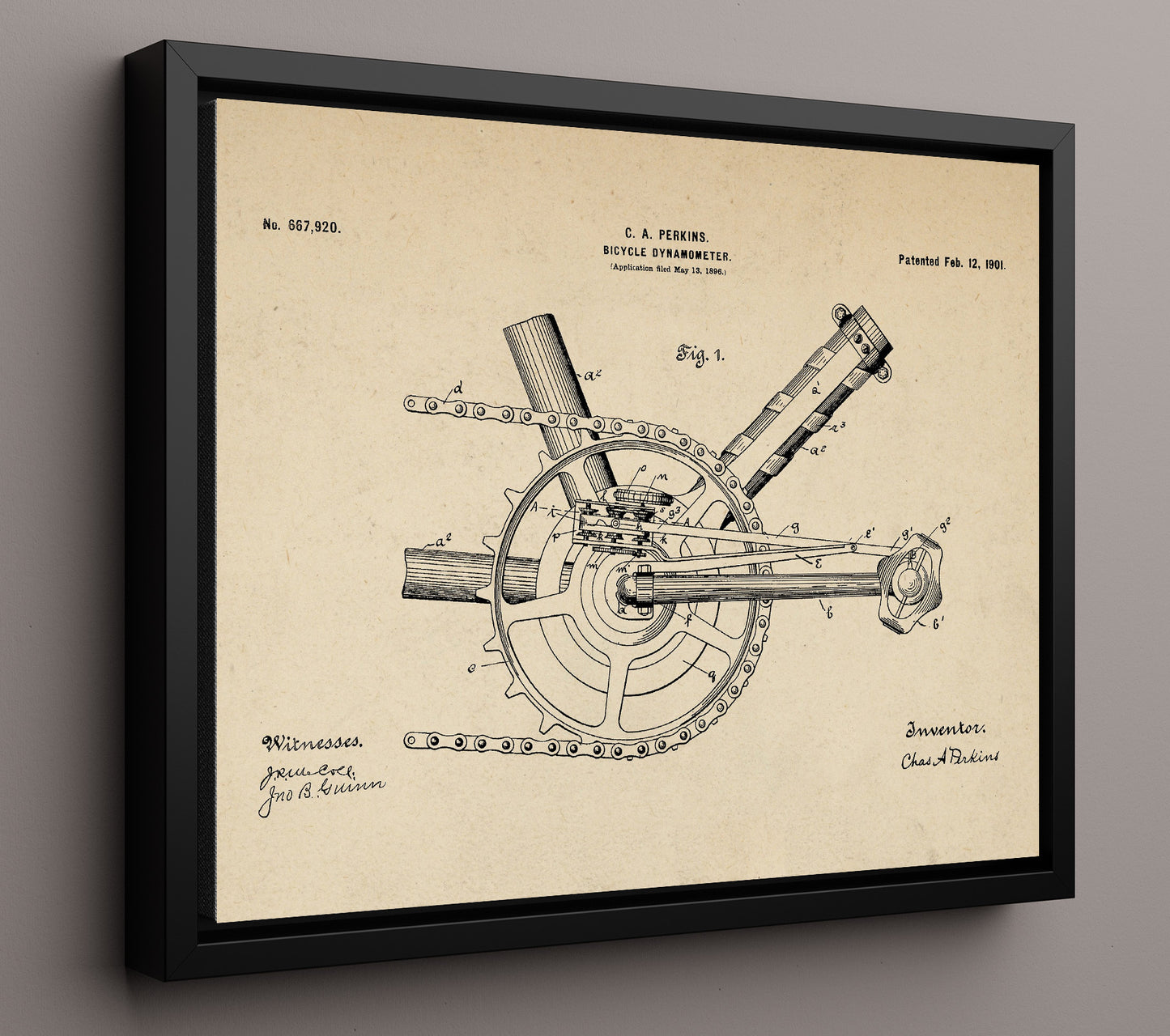 Patent Print - Bicycle Dynamometer - C A Perkins - 1901 - Patent 667920 - Landscape Patent Wall Art