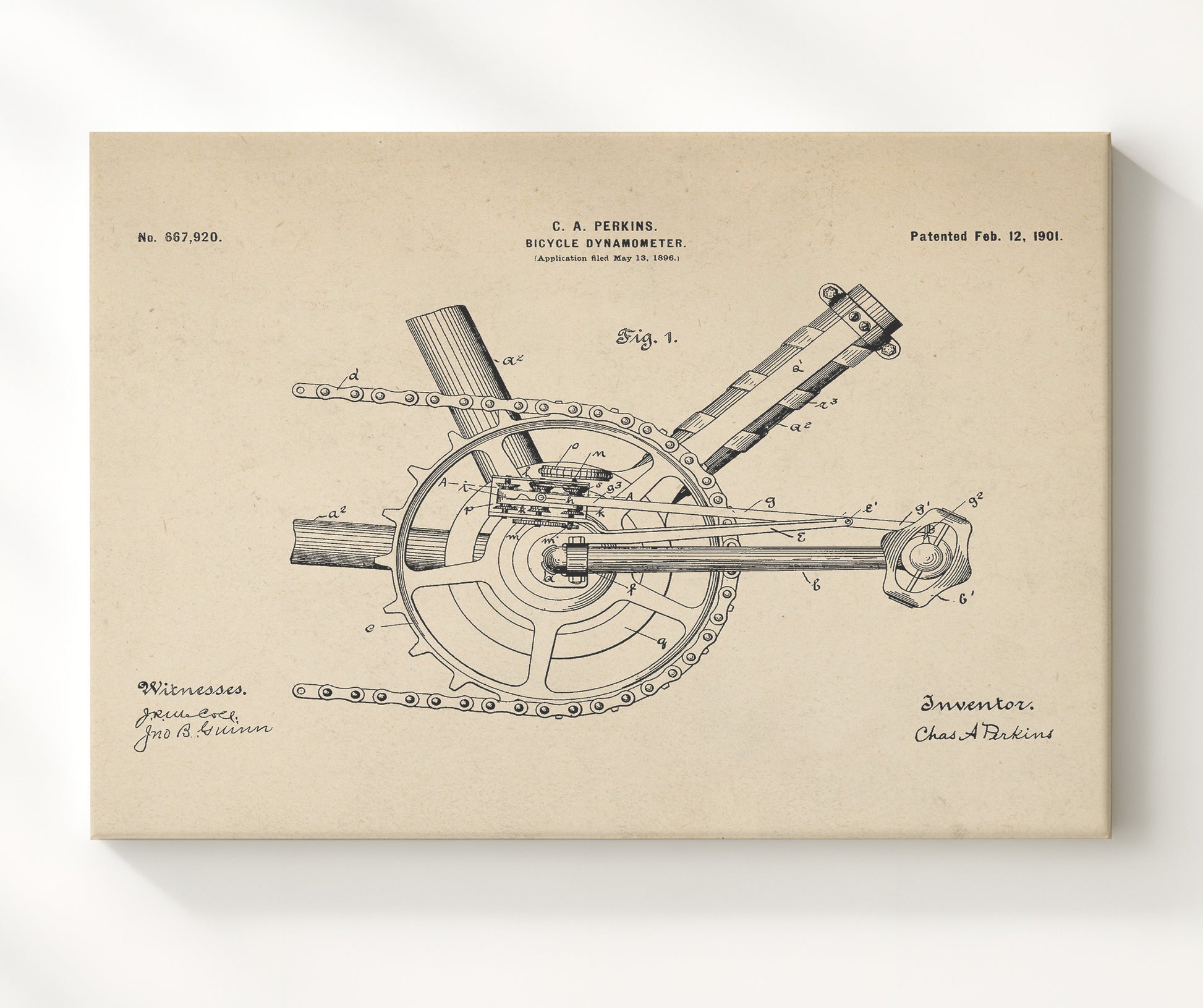 Patent Print - Bicycle Dynamometer - C A Perkins - 1901 - Patent 667920 - Landscape Patent Wall Art