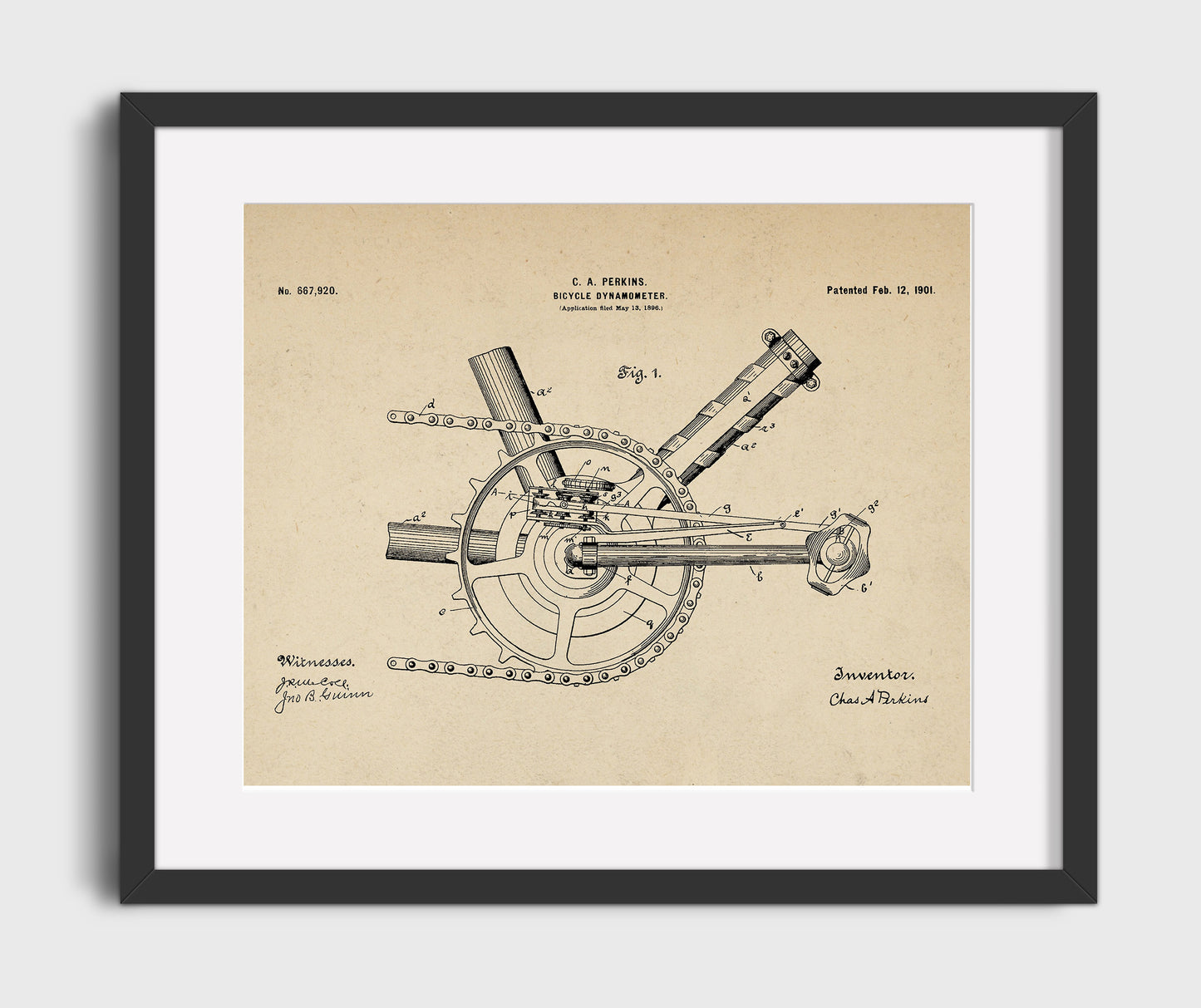Patent Print - Bicycle Dynamometer - C A Perkins - 1901 - Patent 667920 - Landscape Patent Wall Art