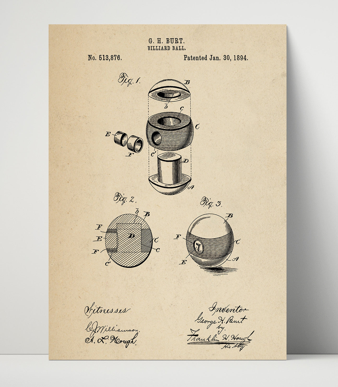 Patent Print - Billiard Ball - G H Burt - 1894 - Patent 513876 Patent Wall Art