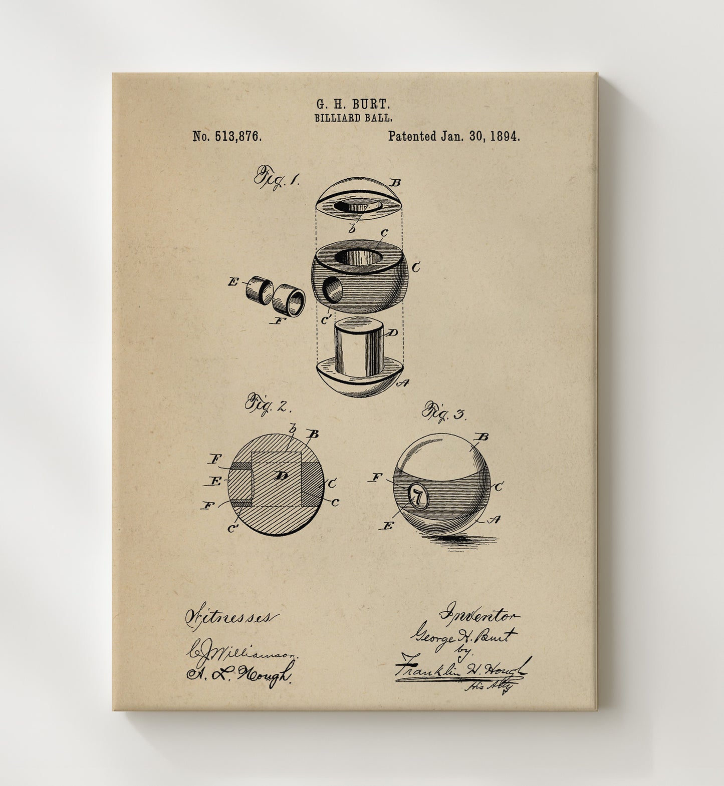 Patent Print - Billiard Ball - G H Burt - 1894 - Patent 513876 Patent Wall Art