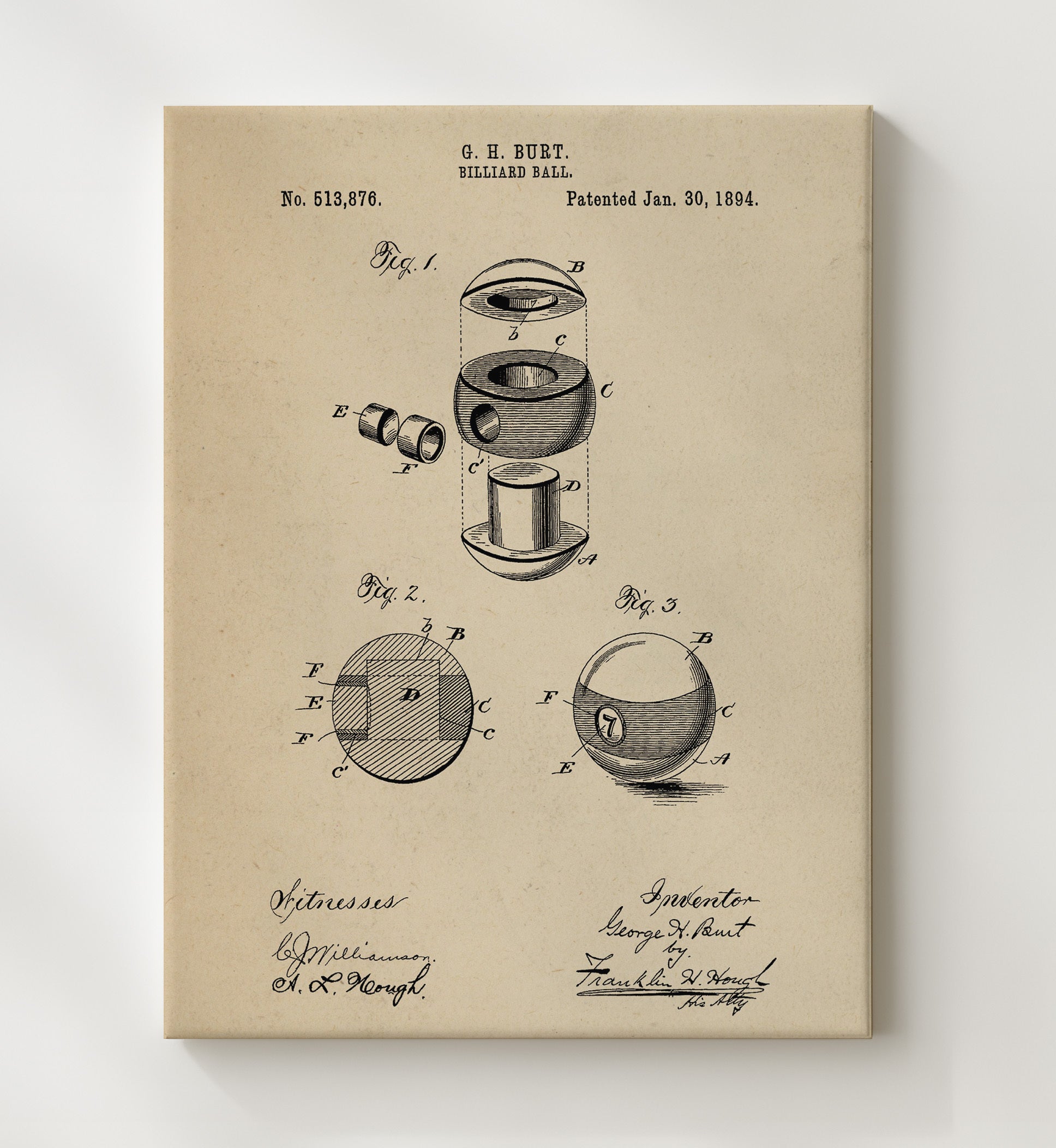 Patent Print - Billiard Ball - G H Burt - 1894 - Patent 513876 Patent Wall Art