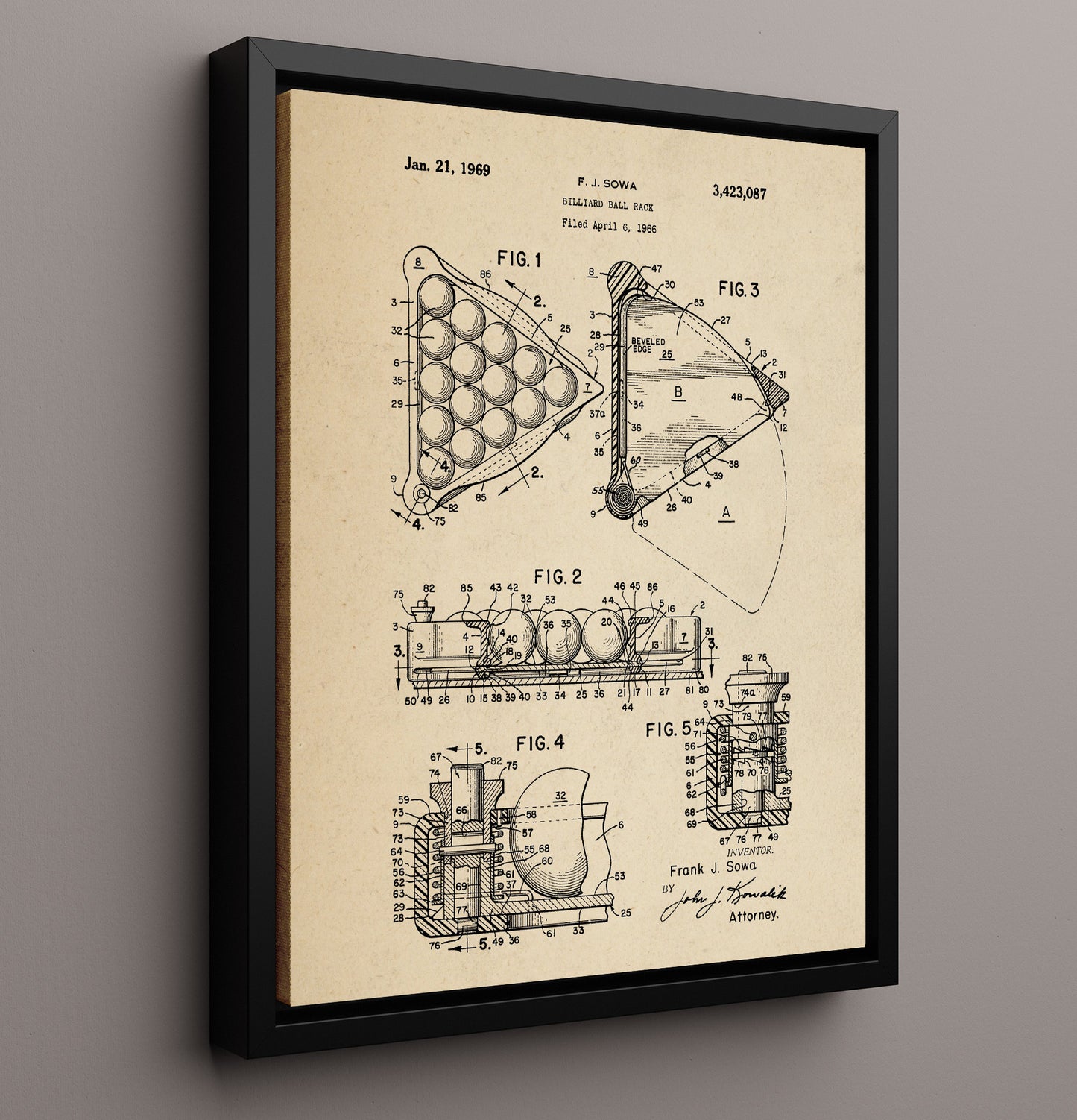 Patent Print - Billiard Ball Rack - F J Sowa - 1969 - Patent 3423087 Patent Wall Art