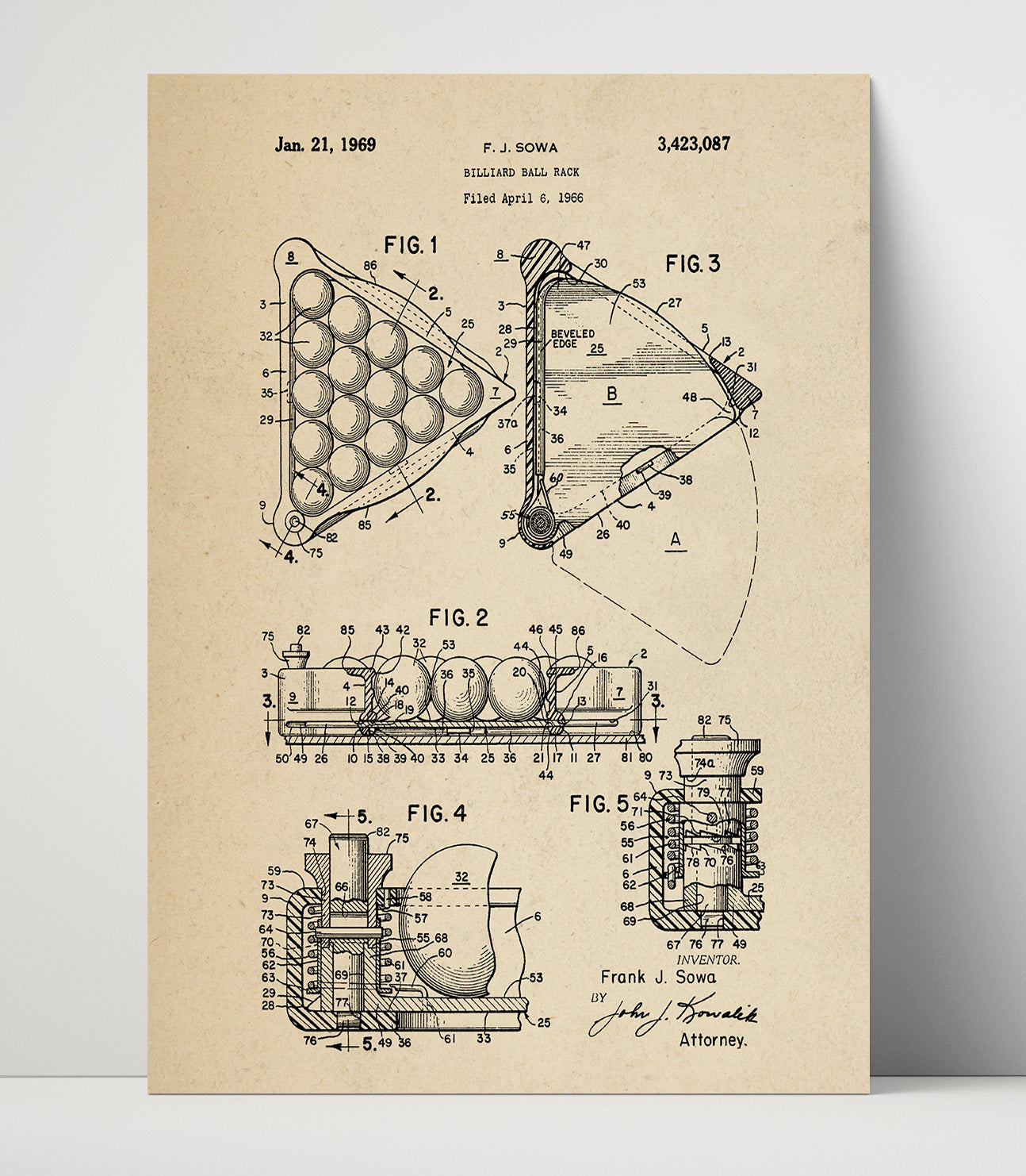 Patent Print - Billiard Ball Rack - F J Sowa - 1969 - Patent 3423087 Patent Wall Art