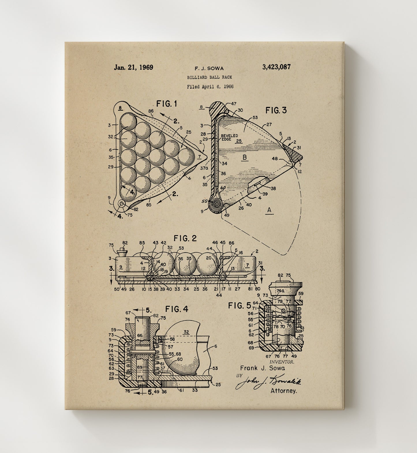Patent Print - Billiard Ball Rack - F J Sowa - 1969 - Patent 3423087 Patent Wall Art