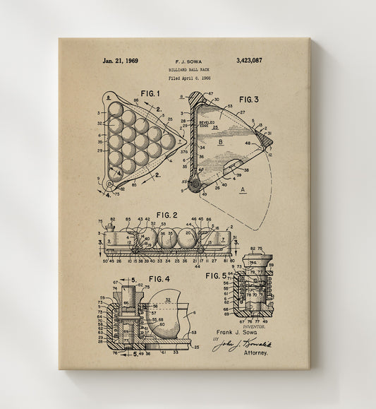 Billiard Ball Rack 1969 patent print wall art 8x10 Canvas