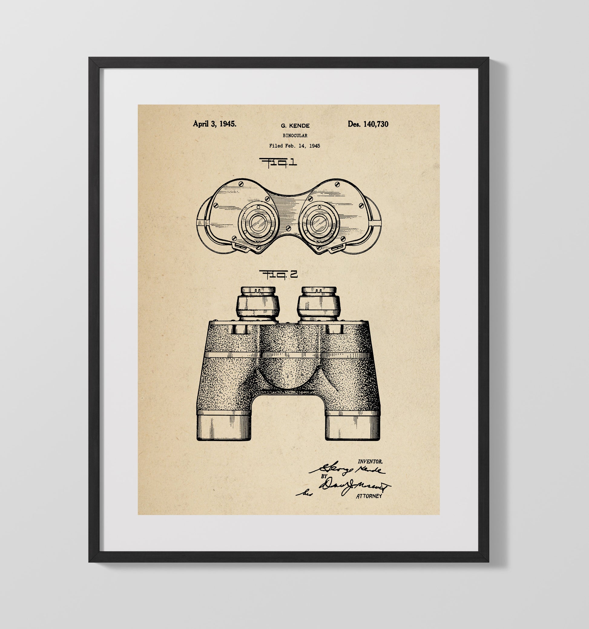 Patent Print - Binocular - G. Kende - 1945 - Patent D140730 Patent Wall Art
