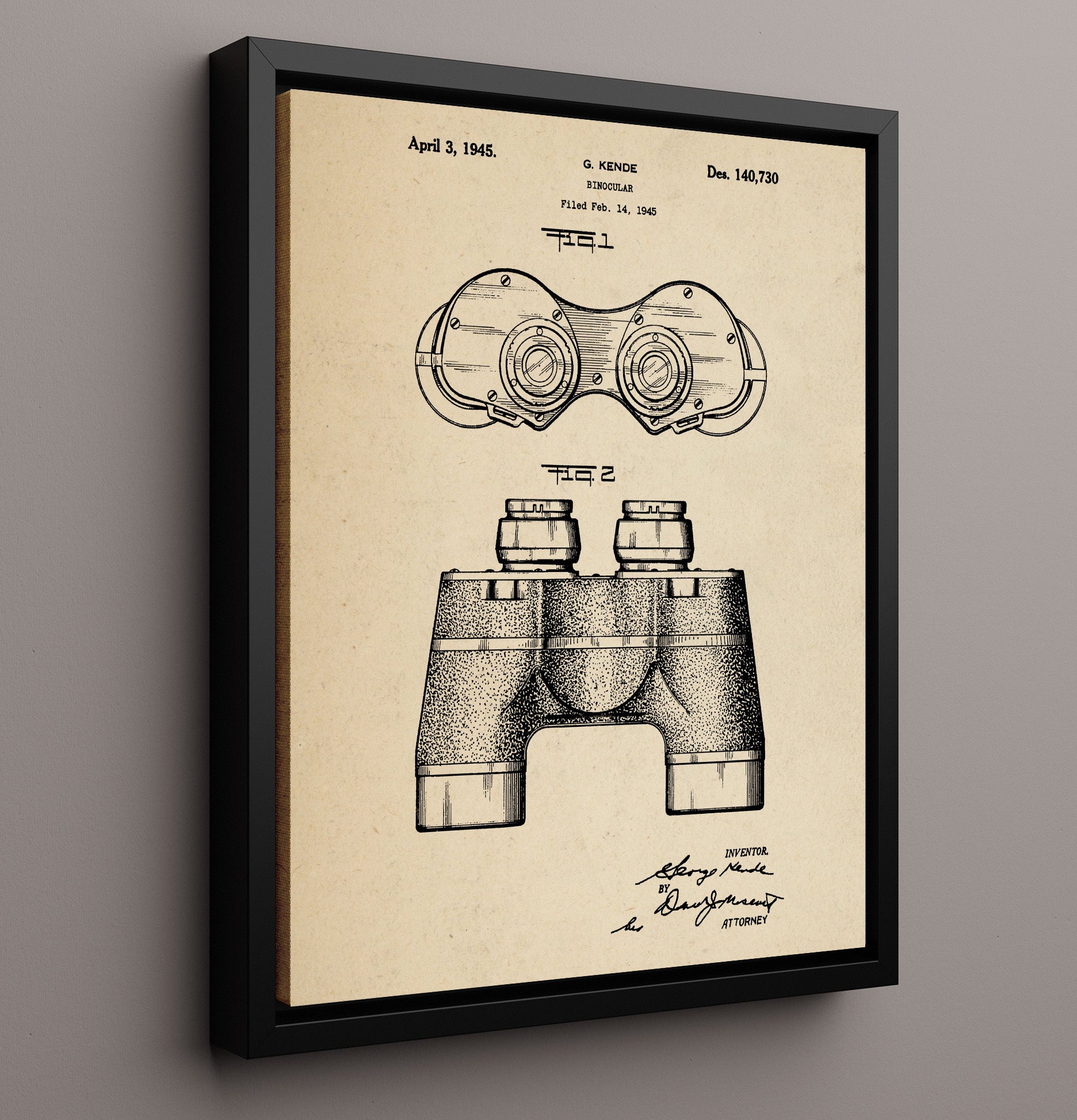 Patent Print - Binocular - G. Kende - 1945 - Patent D140730 Patent Wall Art
